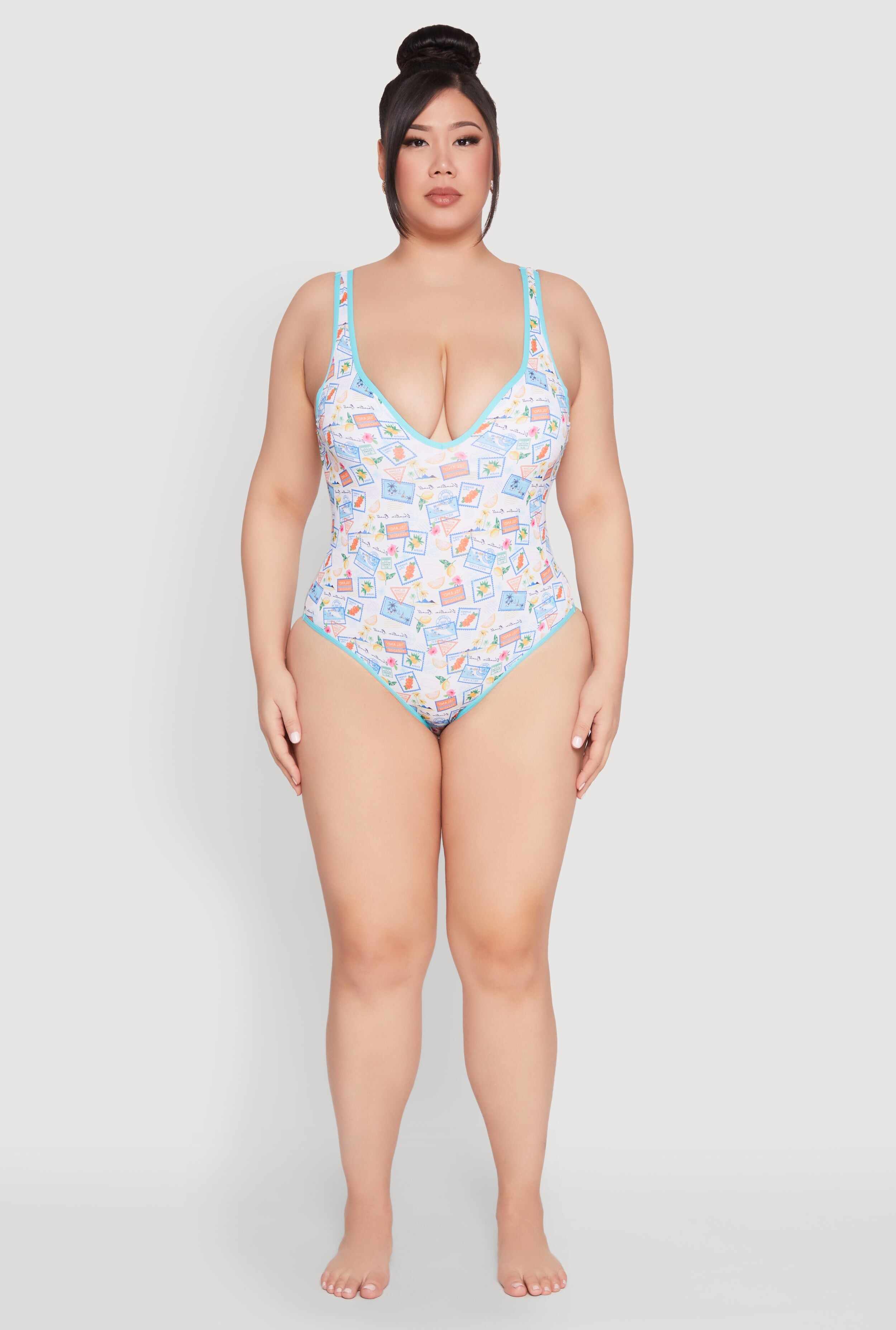 Plus Size Tropical Stamp Print One Piece Swimsuit