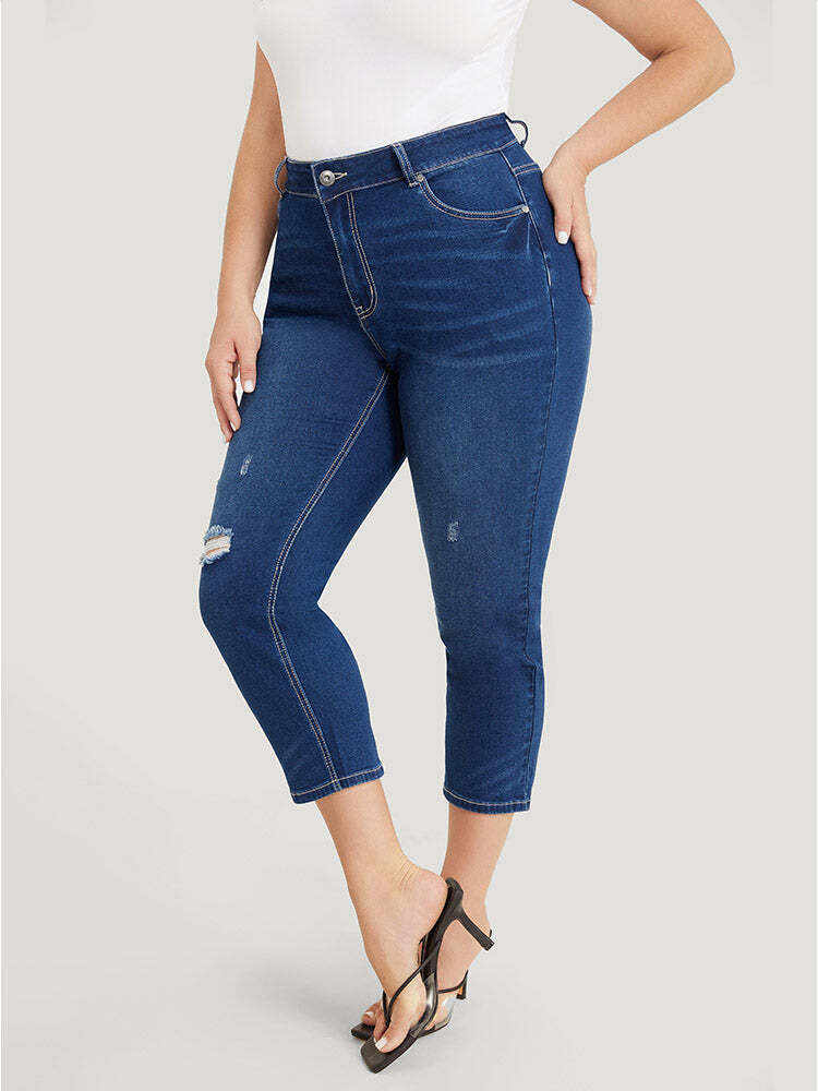 Very Stretchy High Rise Dark Wash Distressed Cropped Jeans