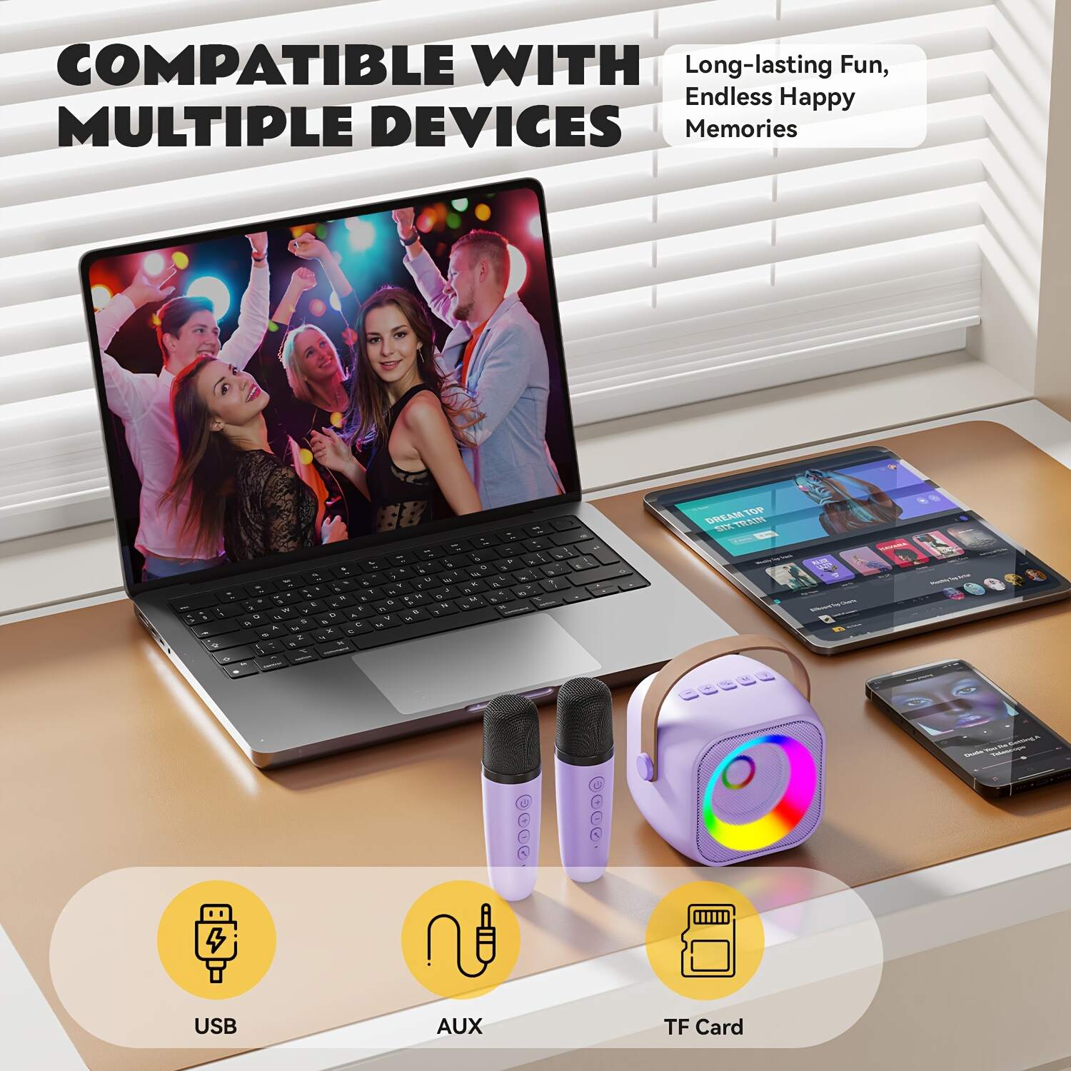 Portable Karaoke Machine, Wireless Speaker, Equipped With Dual Microphones, Rechargeable Lithium Battery, LED Party Light, Suitable For Smartphones, Tablets And Home Entertainment