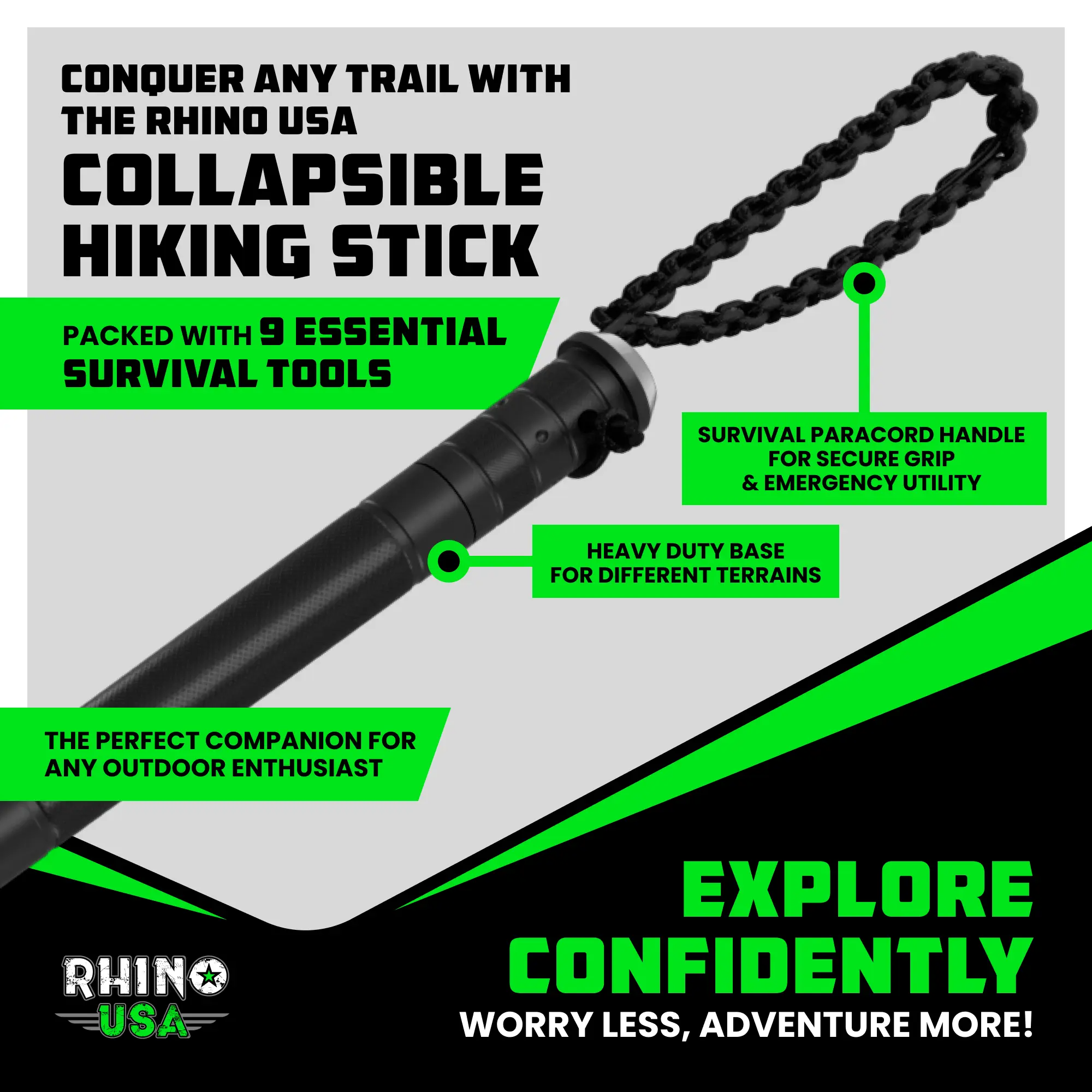 Rhino USA Hiking Stick – Essential Camping Gear for Hiking & Trekking – Durable Walking Stick for Outdoor Adventures, Travel Accessories