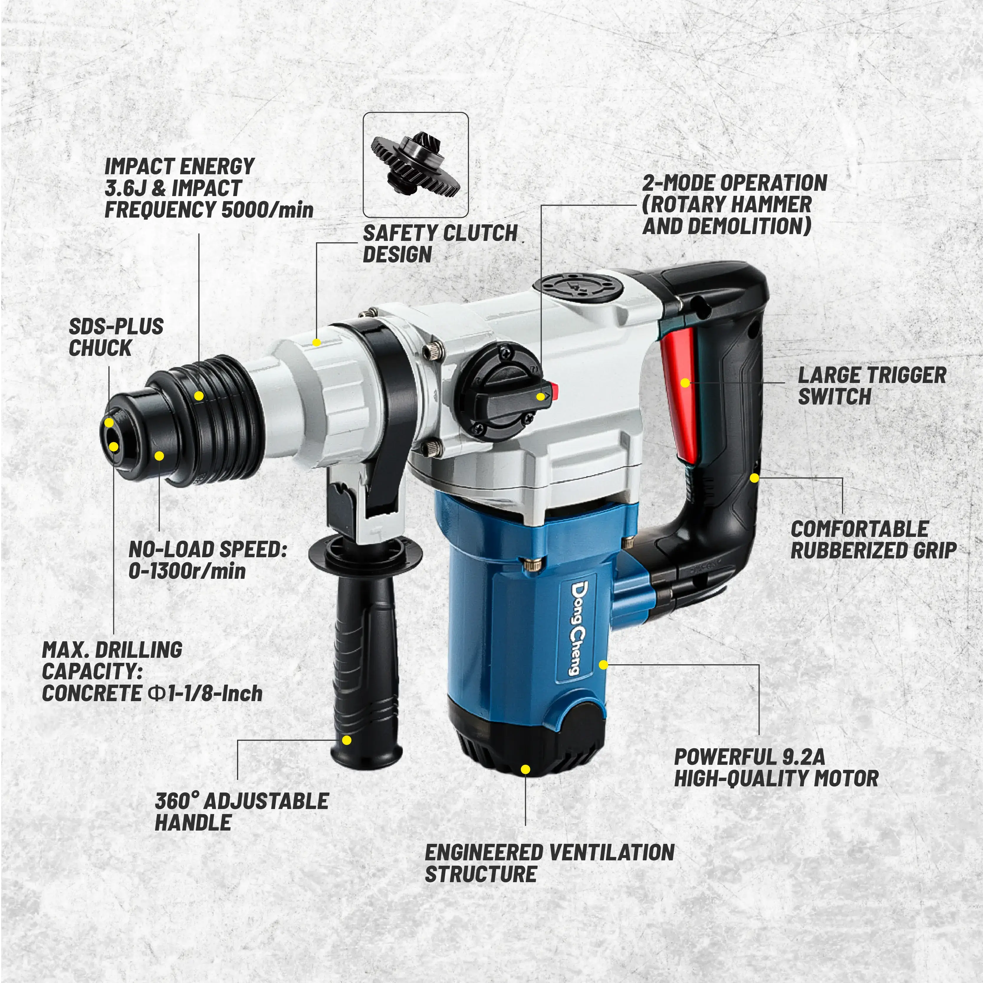 【5-year warranty】1-1/8 Inch SDS-Plus Rotary Hammer Drill with Safety Clutch, 9.2 Amp Heavy Duty Corded Demolition Hammer for Concrete, 3.6 Joules, Including 3 Drill Bits, Flat Chisels and Point Chisels Power Tools