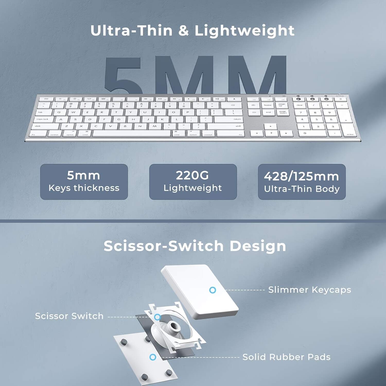 BT Keyboard for Mac- Rechargeable Full Size Keyboard for THREE Devices, Slim Quiet Keyboard with Numeric Keypad Compatible for MacBook Pro/Air, IMac, for iPhone, for iPad Pro/Air/Mini