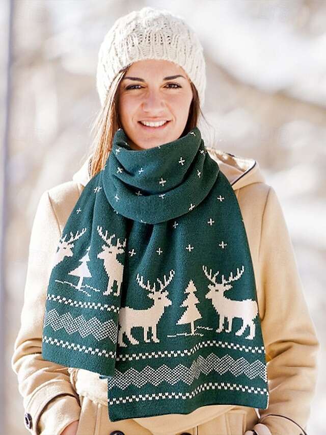 Women's Christmas Reindeer and Tree Print Knitted Scarf in Red and White, Cozy Winter Accessory for Holiday Celebrations