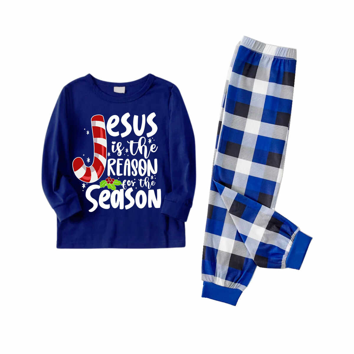 Christmas Lollipop Jesus White Letter Prints Contrast Blue Long Sleeve with Blue and White Plaid Pants Family Matching Pajamas
