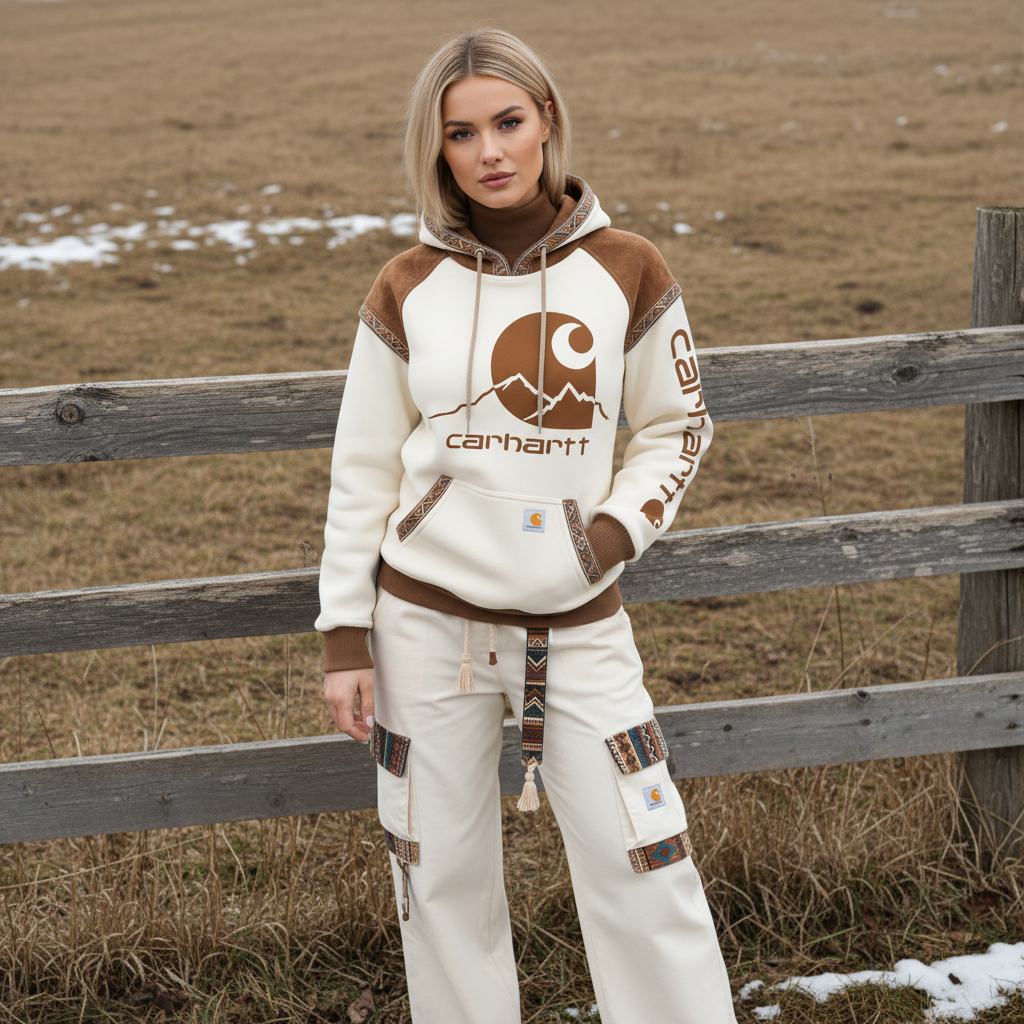Women's Retro Ethnic Style Stand Collar Hooded Sweatshirt set