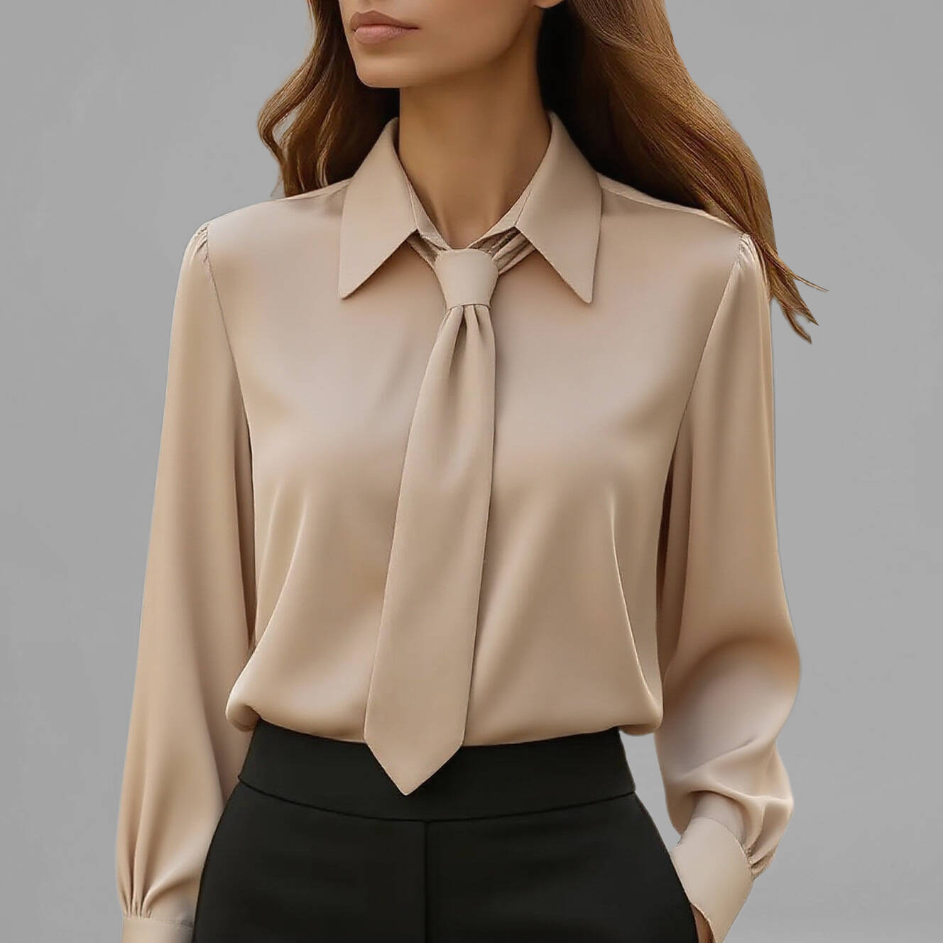 Women's Formal Solid Shirt Collar Tie Long Sleeve Blouse