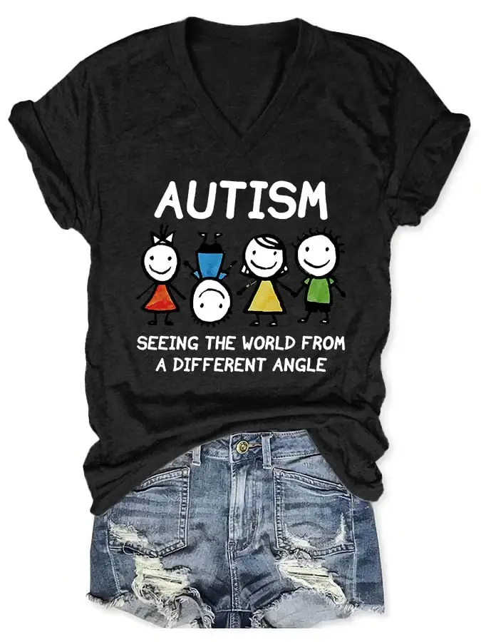 V-neck Autism Awareness Autism Seeing The World From A Different Angle Print T-Shirt