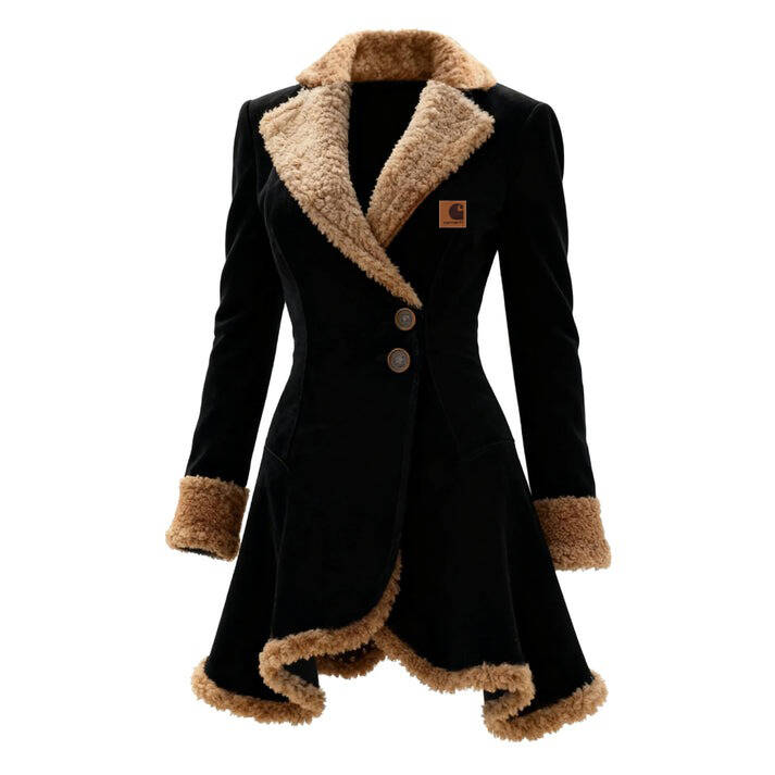 Women's Retro Curved Hem Irregular Bevel Design Lambswool Lapel Mid-Length Jacket Top