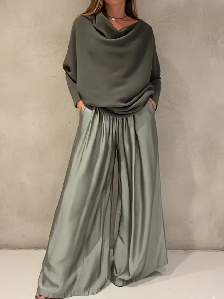 🔥Summer Arrivals🌟Elegant Off-shoulder Sweater and Satin Wide-leg Pants Two-piece Suit