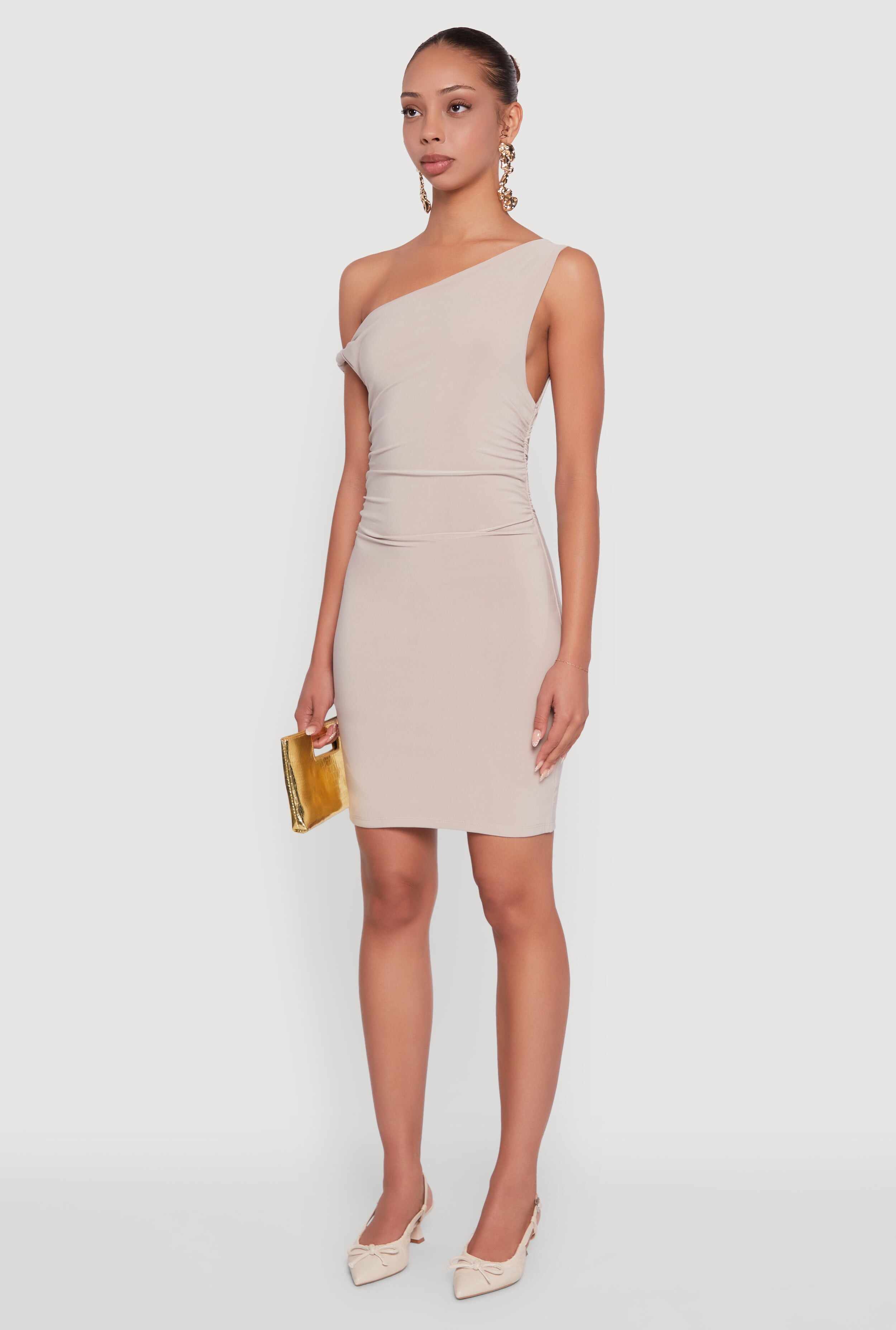 Asymmetrical Shoulder Ruched Side Mini Dress