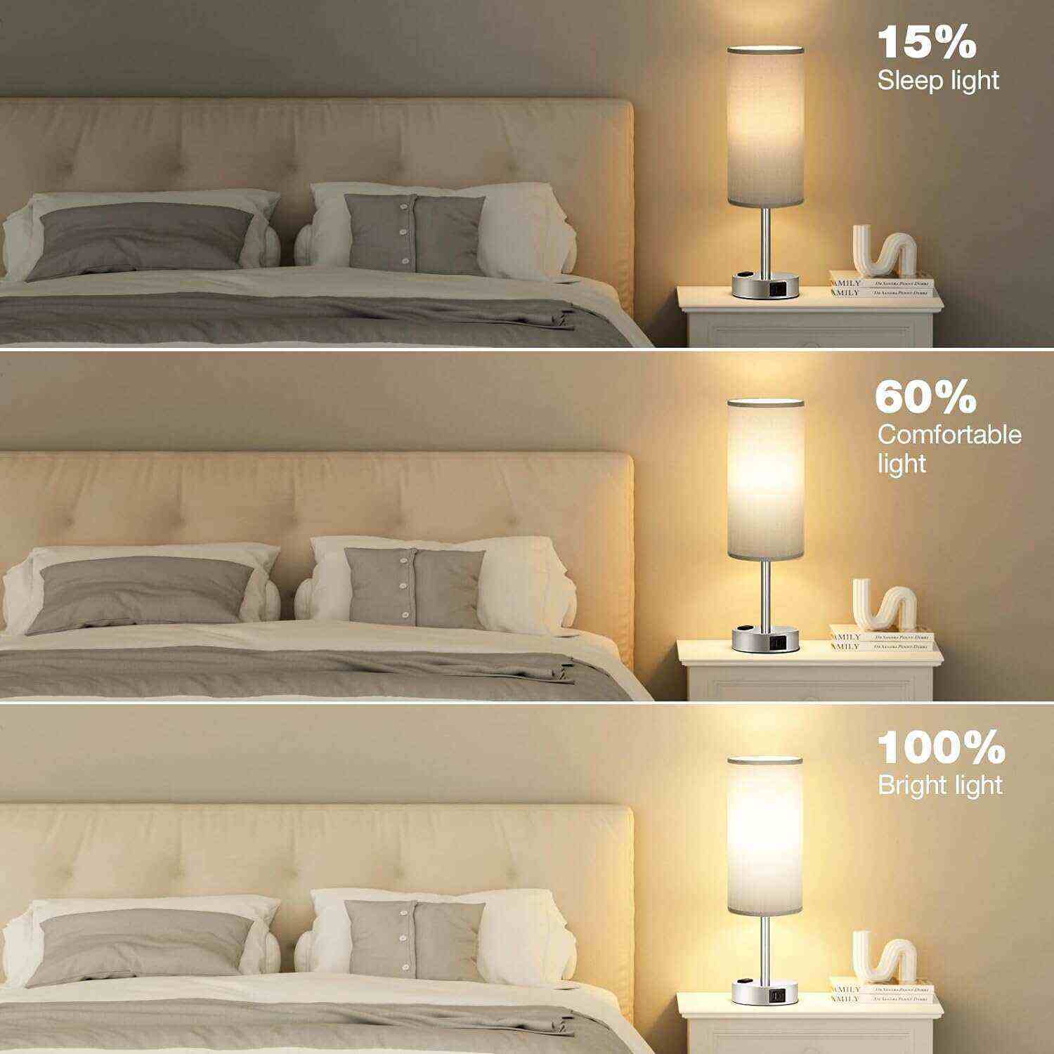 Bedside Table Lamp for Bedroom - 3 Way Dimmable Touch Lamp USB C Charging Ports and AC Outlet, Small Lamp Wood Base Round Flaxen Fabric Shade for Living Room, Desk, LED Bulb Included