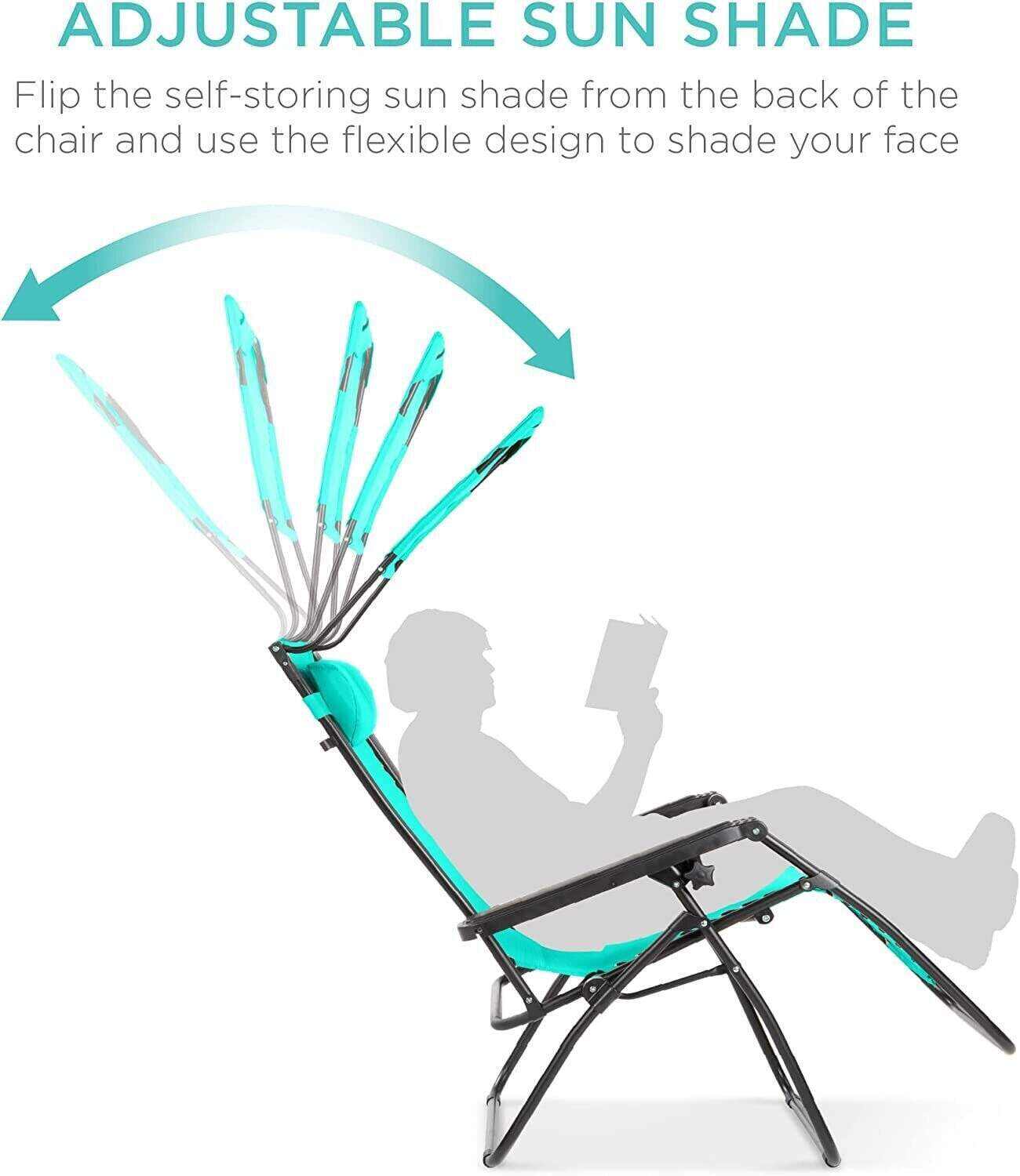 Folding Zero Gravity Recliner Patio Lounge Chair w/Adjustable Canopy Shade, Headrest, Side Accessory Tray, Textilene Mesh - Beige