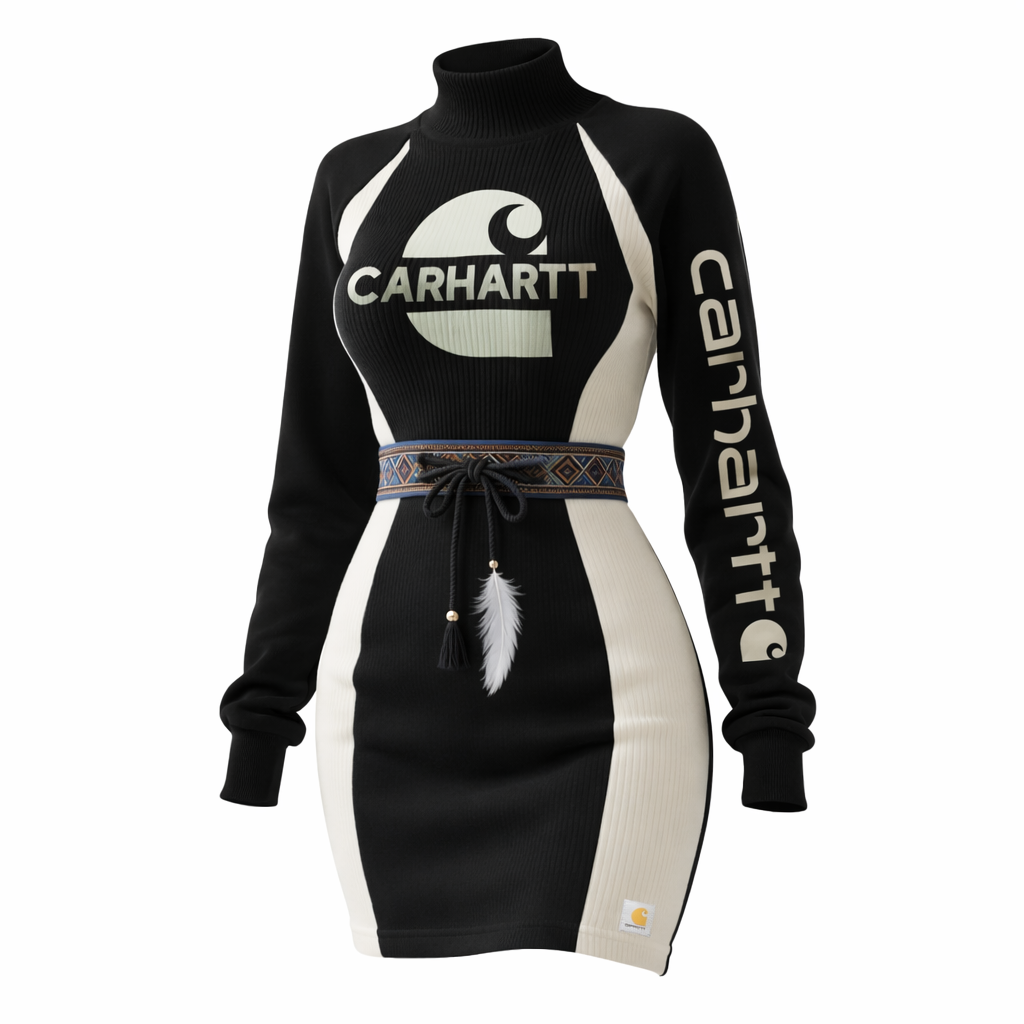 High-Neck Colorblock Dress with Embroidered Logo and Feather Tassel Detail