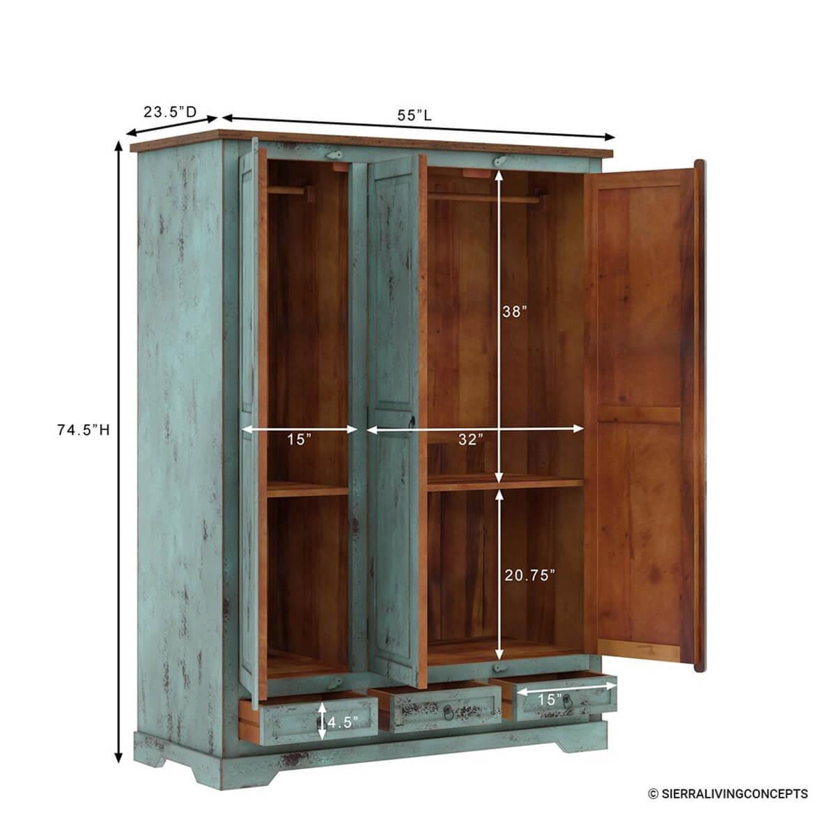 Scranton Two Tone Solid Wood Armoire Wardrobe with Hanging Rod & Shelves