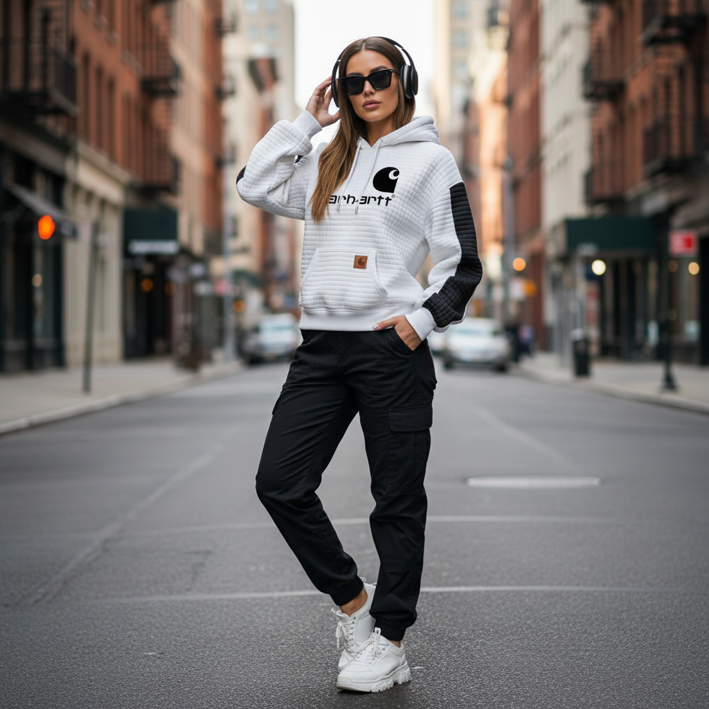Women's Vintage White And Black Waffle Quilted Plaid Pocket Hoodie