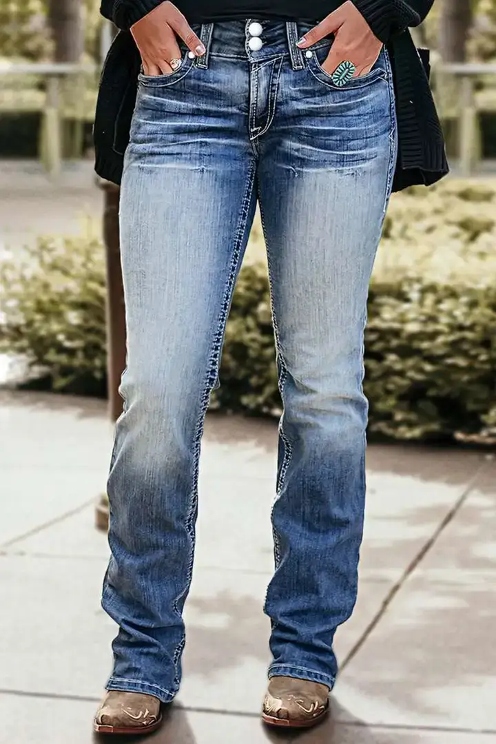 🔥Summer Arrivals🌟Stitch Detail Dual Button Mid Waist Straight Leg Jeans
