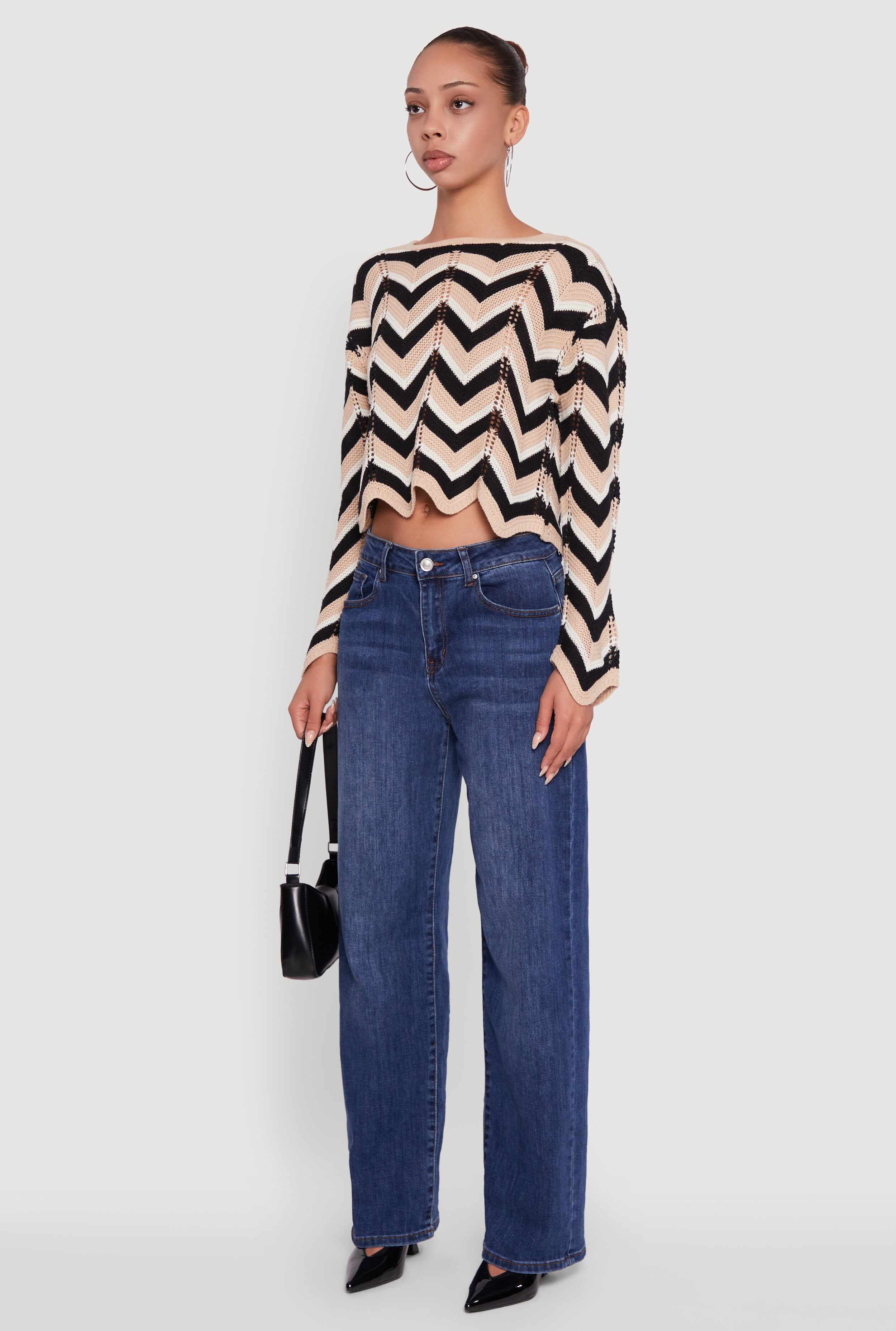 Chevron Crochet Long Sleeve Cropped Sweater