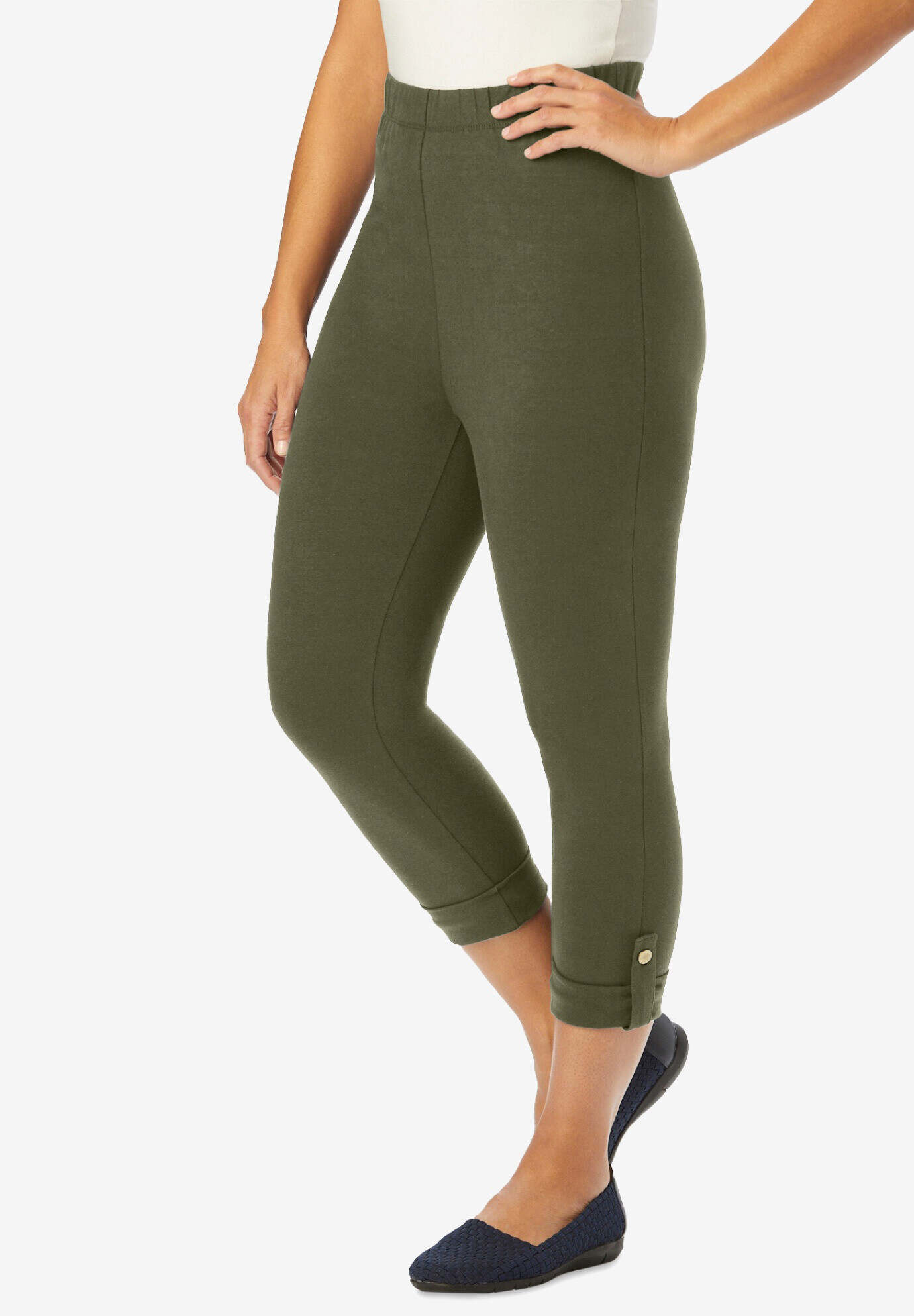 Stretch Cotton Cuff-Button Capri Legging