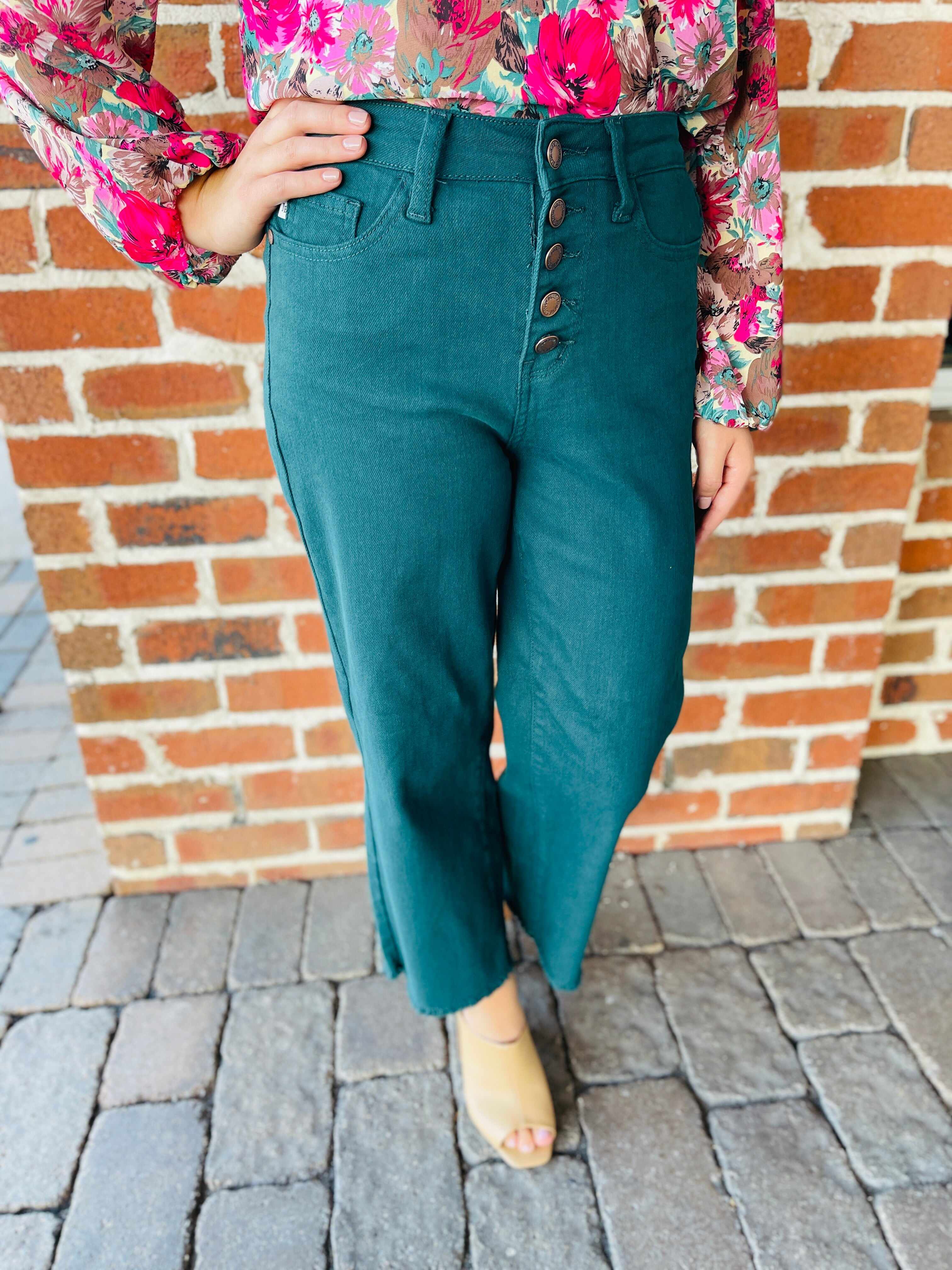 Plus/Reg Bright As A Button Fly Wide Leg Teal Jeans