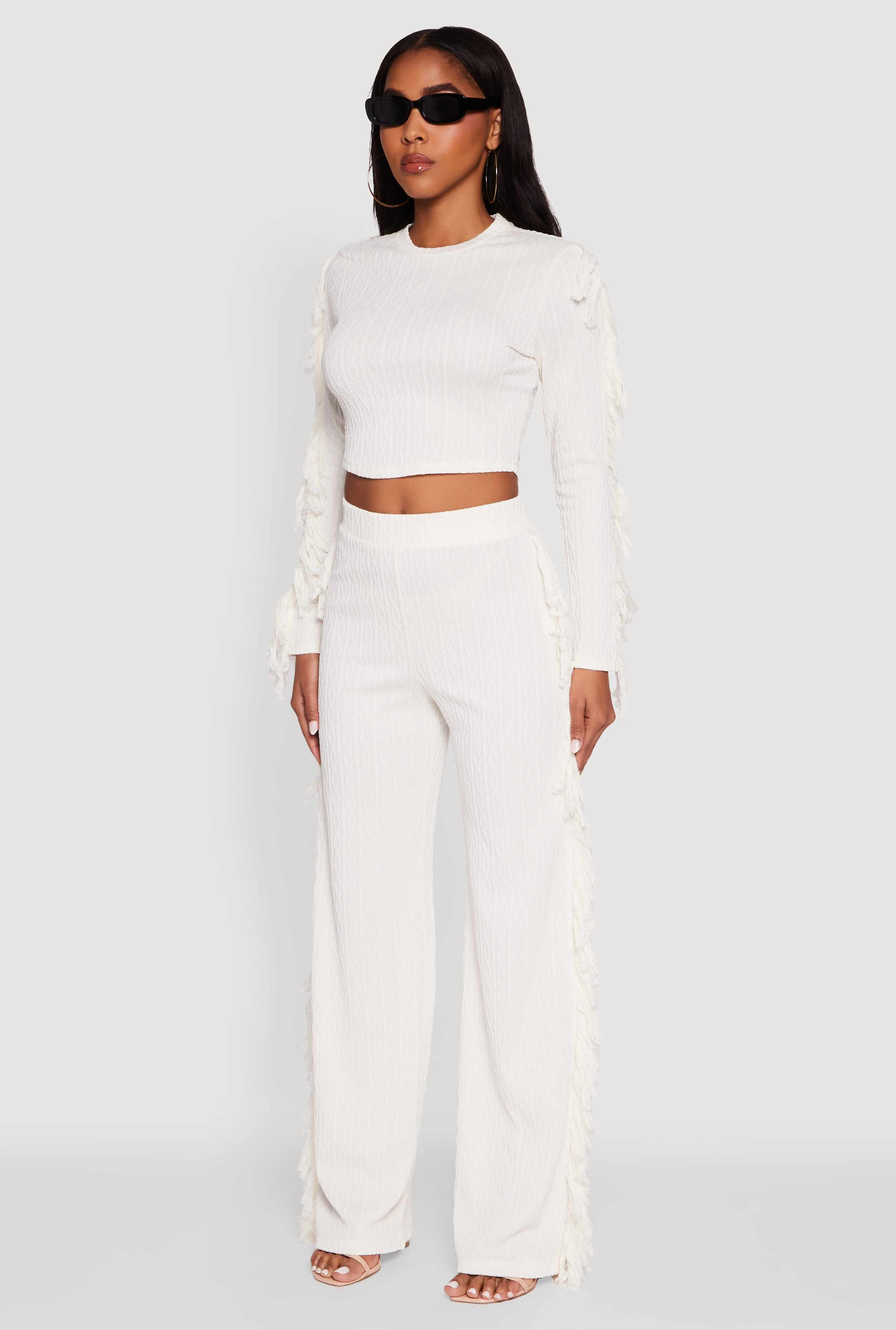 Textured Knit Long Sleeve Fringe Crop Top