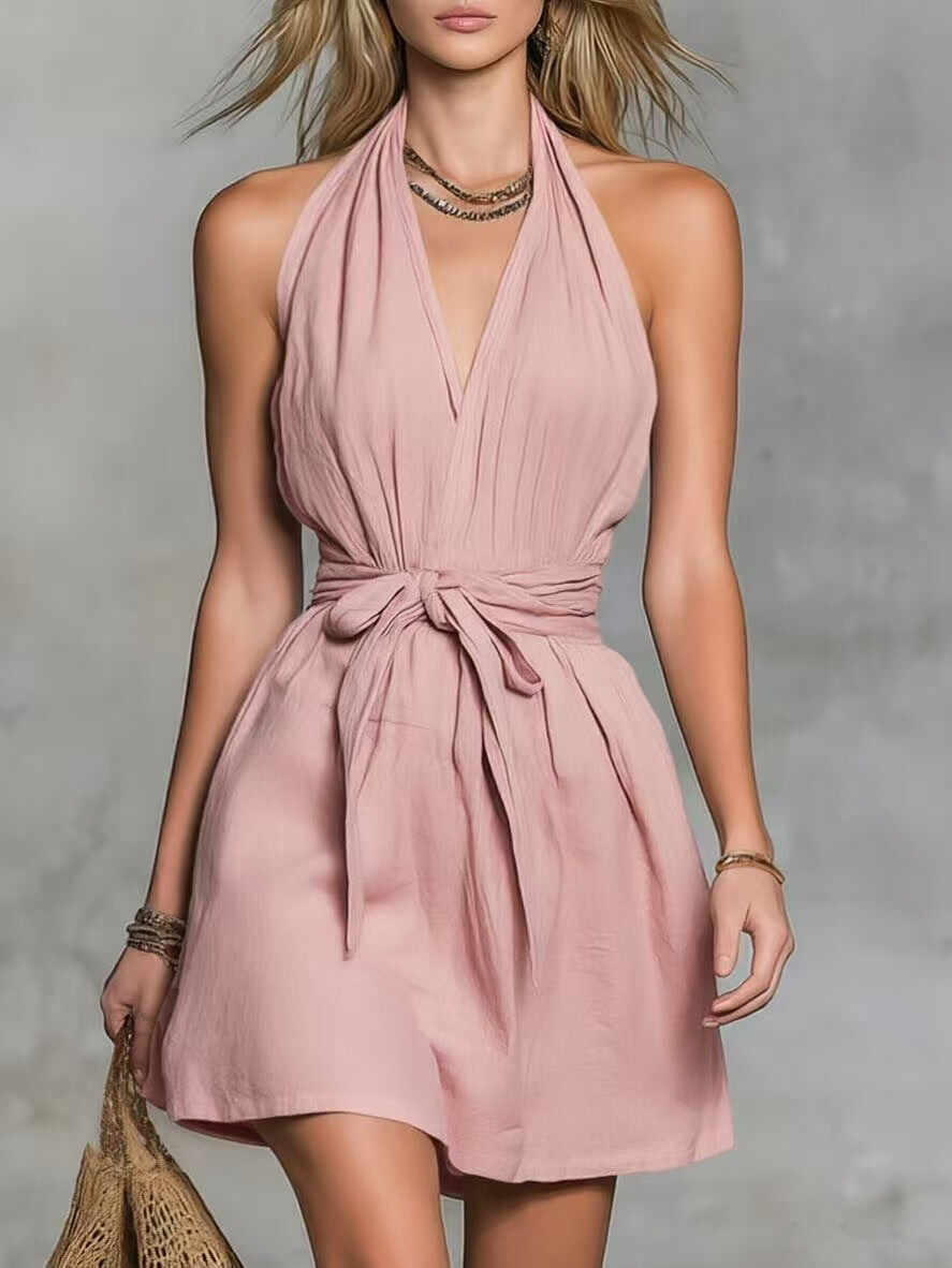 Halter Neck V-Neck Waist Tie Casual Holiday Women'S Dress