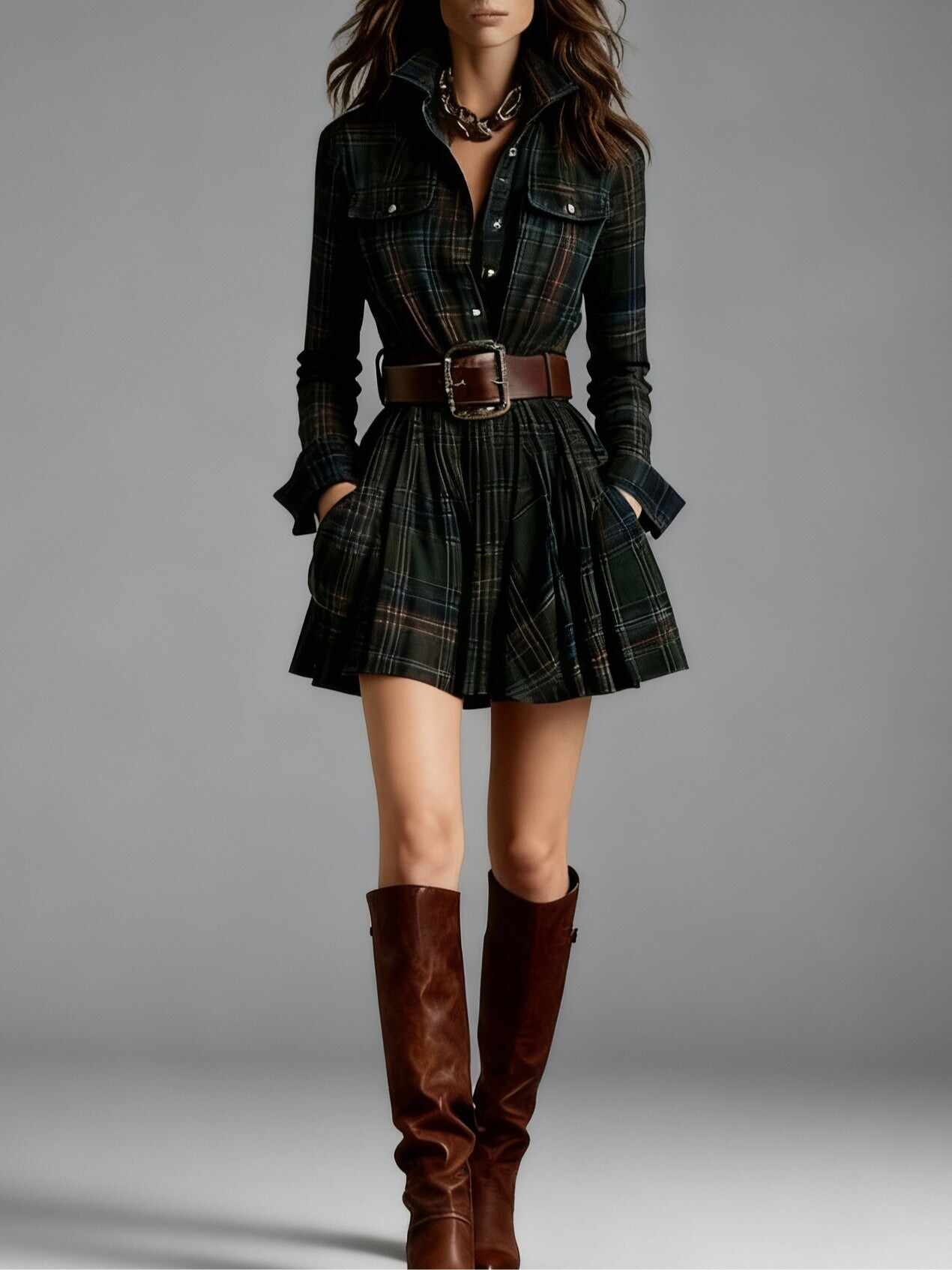 Vintage Lapel Red and Brown Plaid Mini Dress