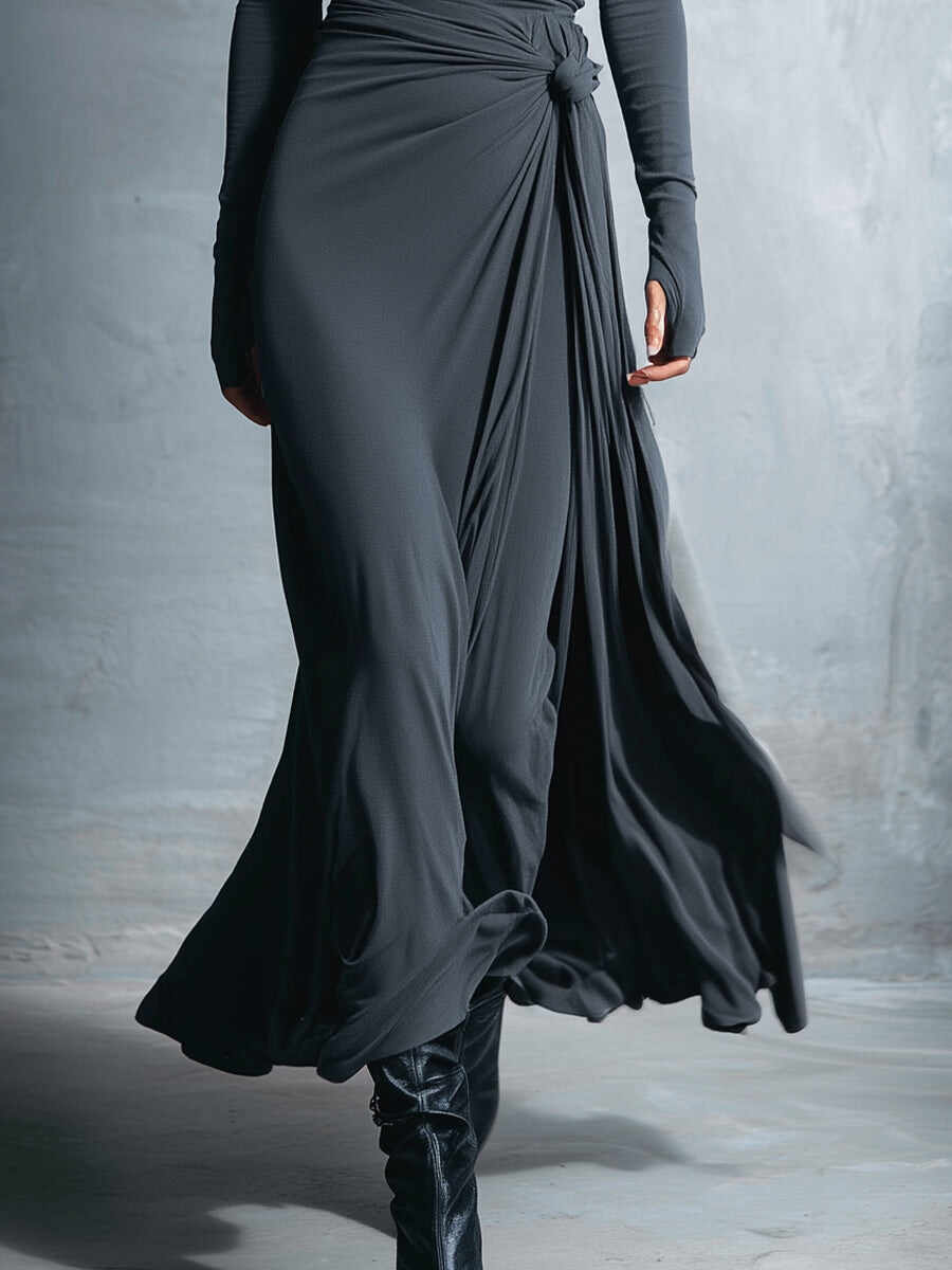 Women's Gray Exquisite Stretch Polyester-Cotton Blend Wrap Dress - Knotted Maxi Dress