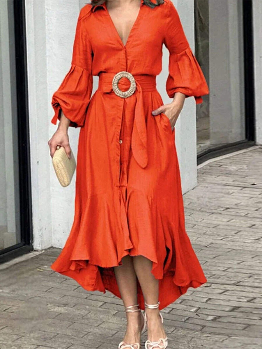 🔥Summer Arrivals🌟Women's Solid Color V-neck Long Sleeve Casual Loose A-line Dress