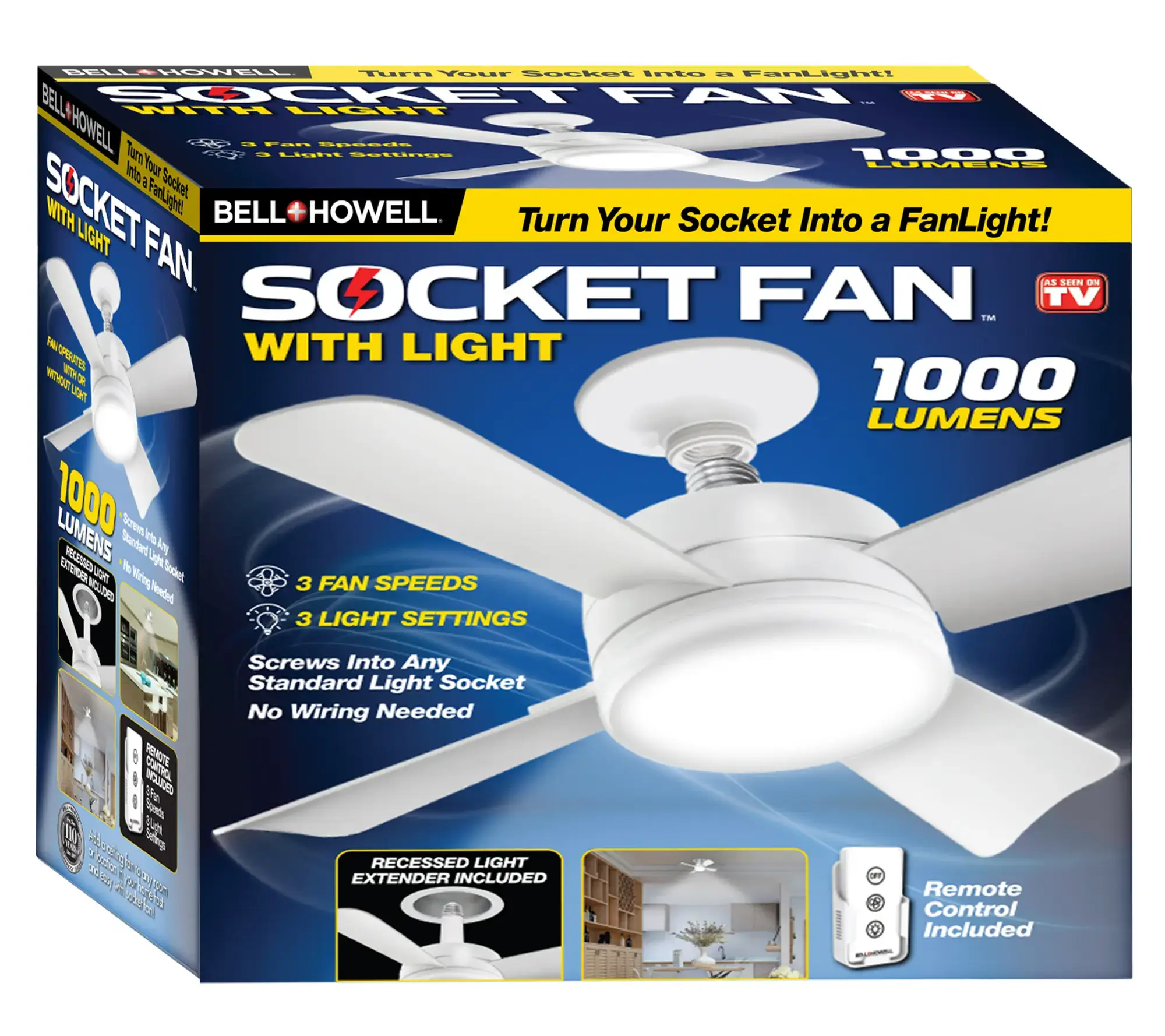2-in-1 Socket Ceiling 3 Speed Fan & LED Light with Remote