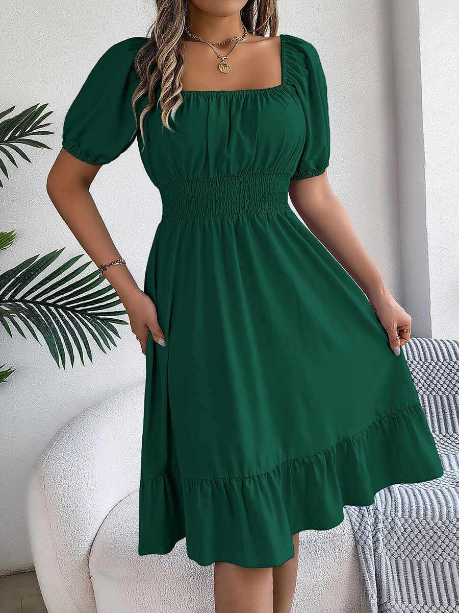🔥Summer Arrivals🌟Women's Casual Solid Color Square Neck Short Sleeve Dress