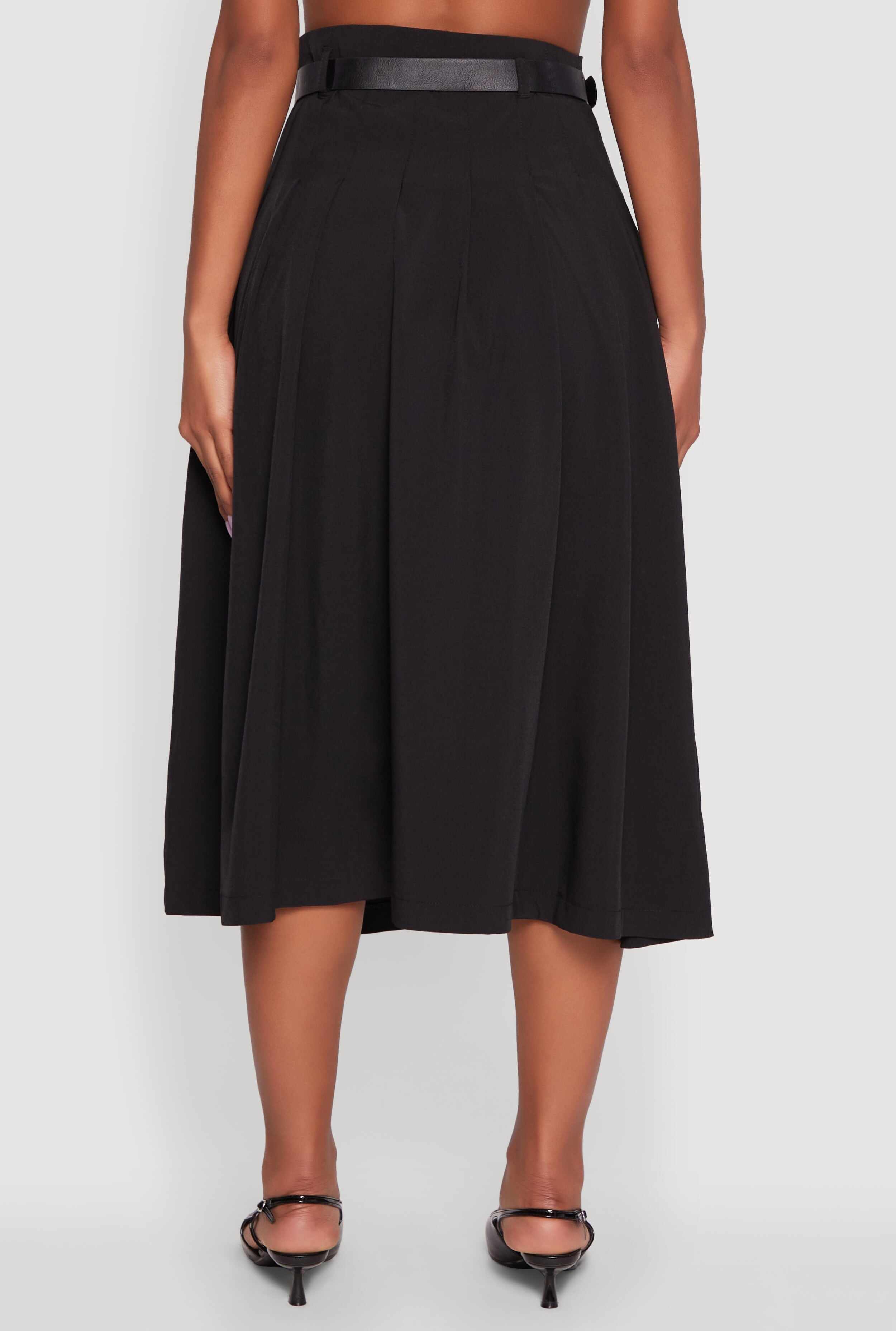 Trendy High Waisted Pleated Mid Length Skirt with Belt