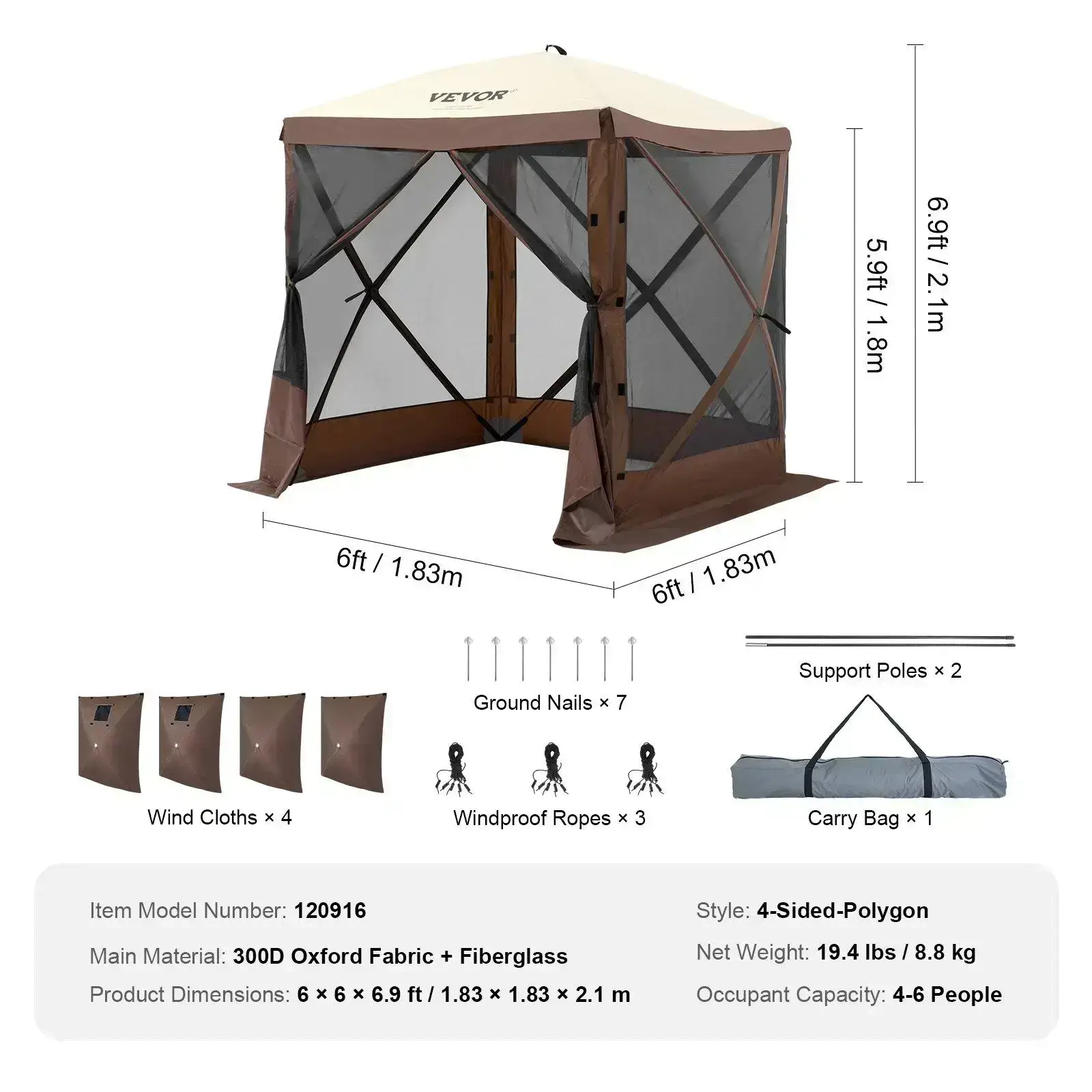 Camping Gazebo Screen Tent, 12*12ft, 6 Sided Pop-up Canopy Shelter Tent with Mesh Windows, Portable Carry Bag, Stakes, Large Shade Tents for Outdoor Camping, Lawn and Backyard, Brown/Beige