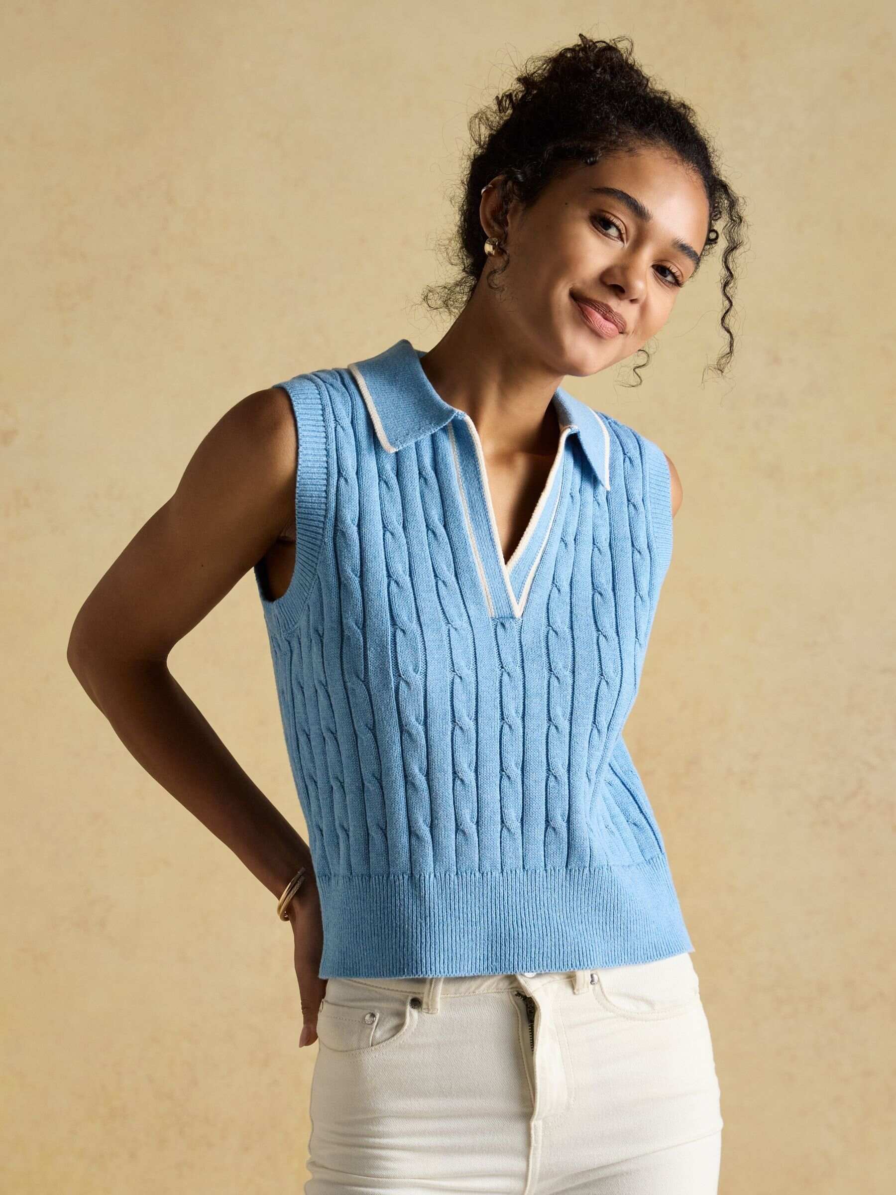 Janey Pink Cotton Collared Cable Tank