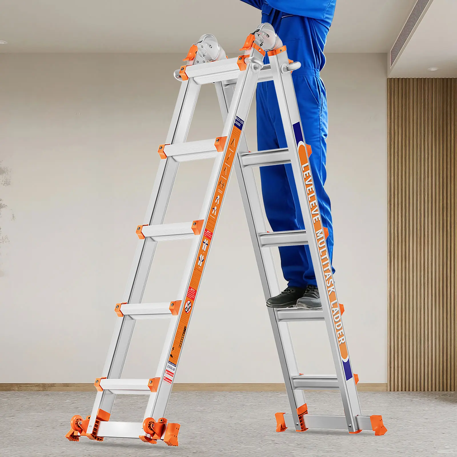 Extendable Telescopic Multi-Position Ladder - Convertible Modes, A-Frame Step Ladder with Stabilizer Bars, Narrow Folded Width, 330LBS Load Capacity, Wheels, Safe for Home & Outdoor Roof Work, Extendable Telescopic Ladders