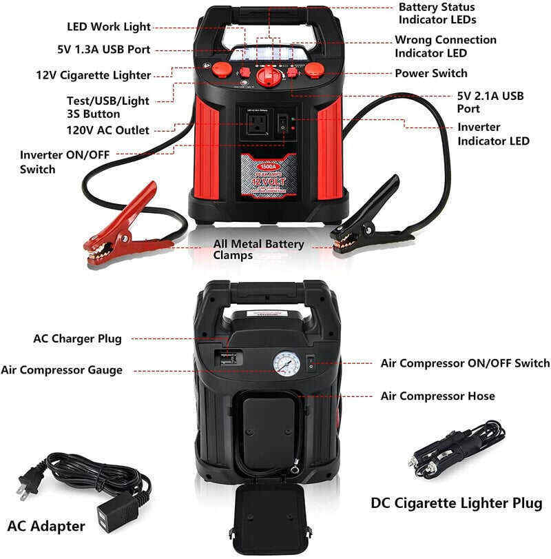 Portable Car Jump Starter 180 PSI Air Compressor Portable Power Bank Charger with LED Flashlight DC Outlet