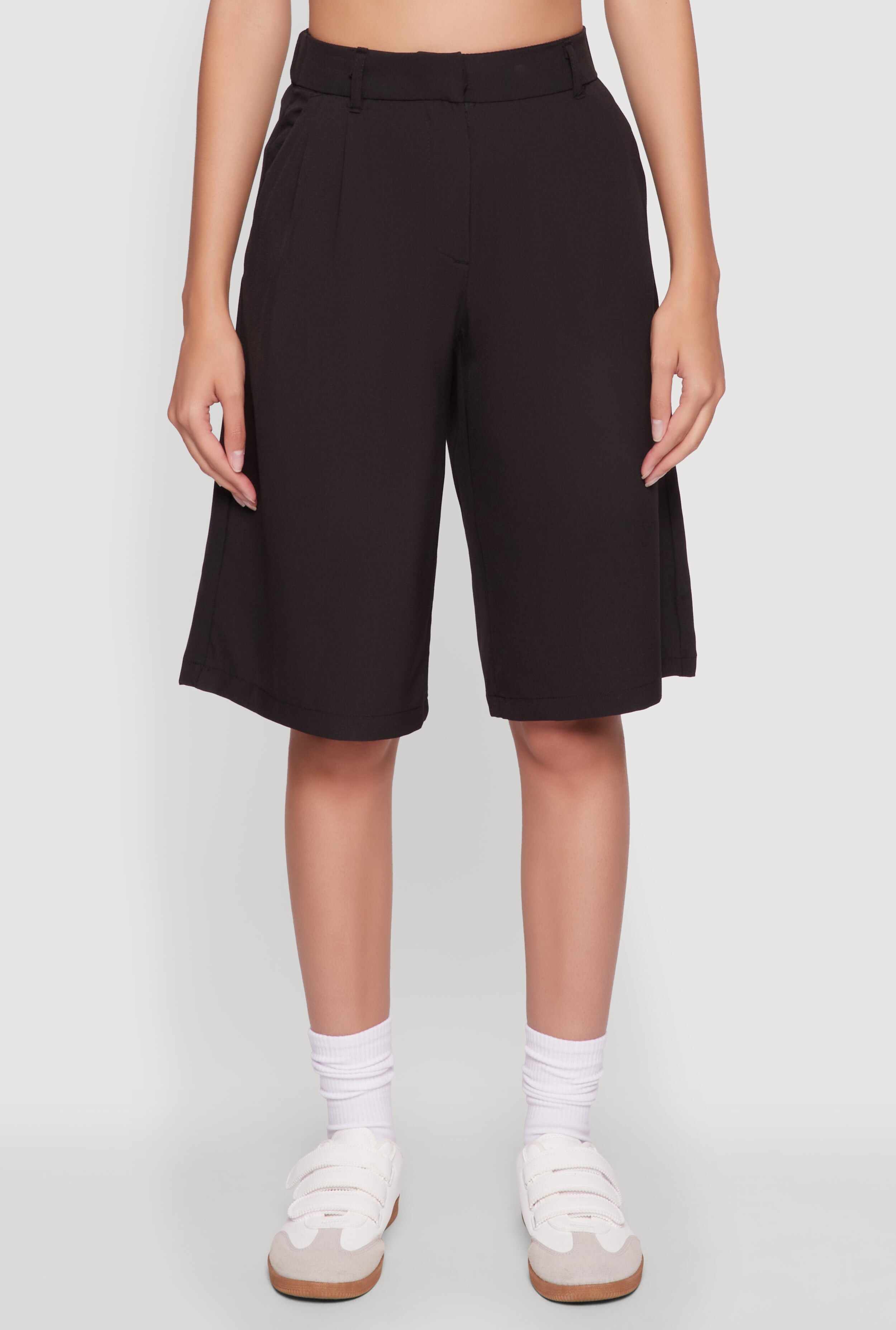High Waisted Crepe Knit Tailored Bermuda Shorts