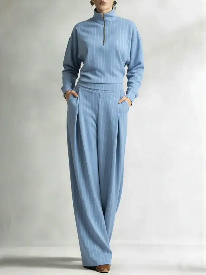 🔥Summer Arrivals🌟Women's Striped Stretch Cotton Half-zip Top And Wide-leg Pants Two-piece Set