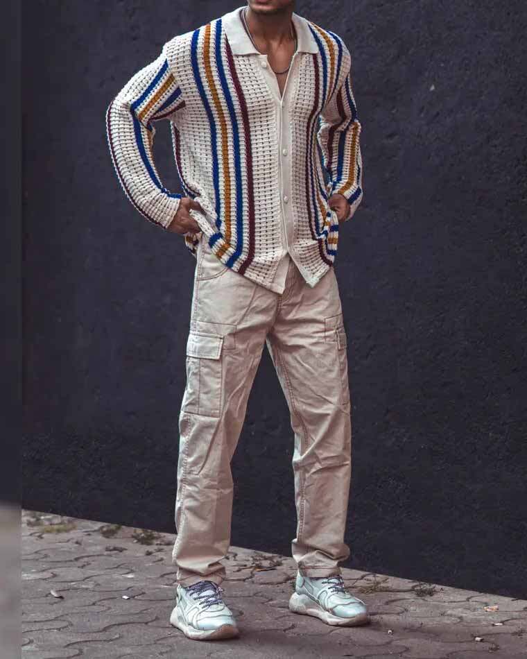 Men's Casual Striped Printed Long Sleeve Knitted Sweater Jacket