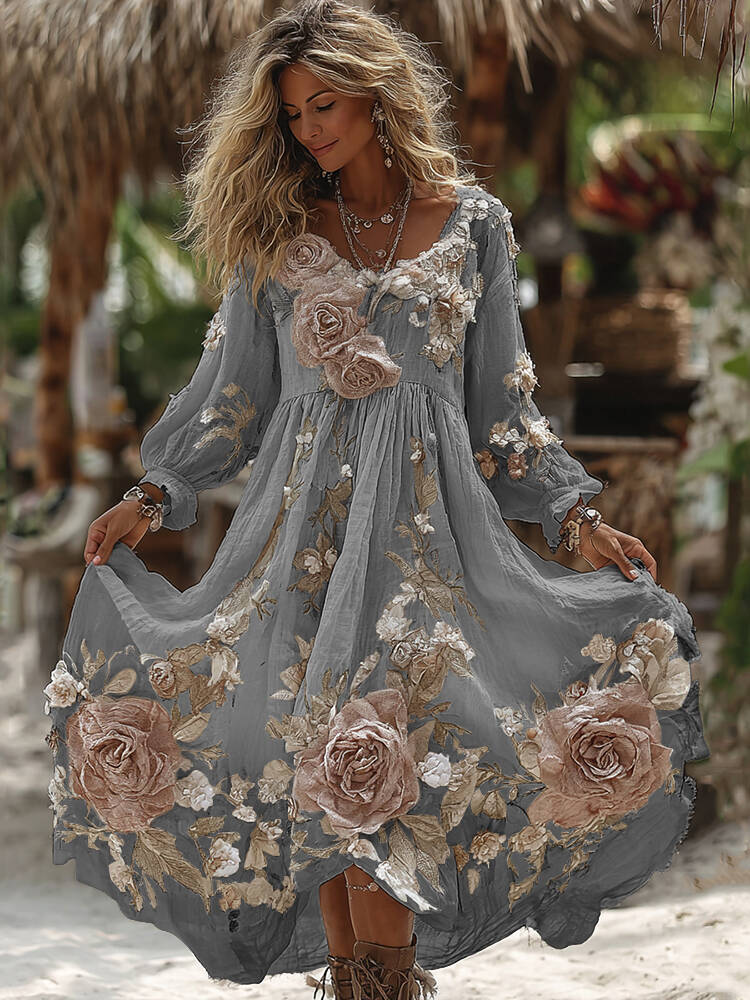 Women's Vintage Romantic White Rose Embroidery Art Comfy Linen Maxi Dress