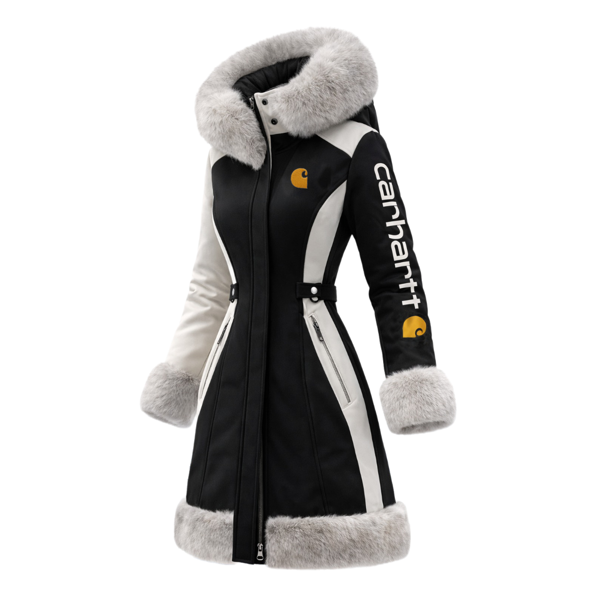 Women's Black and White Color-Blocked Fleece Winter Coat