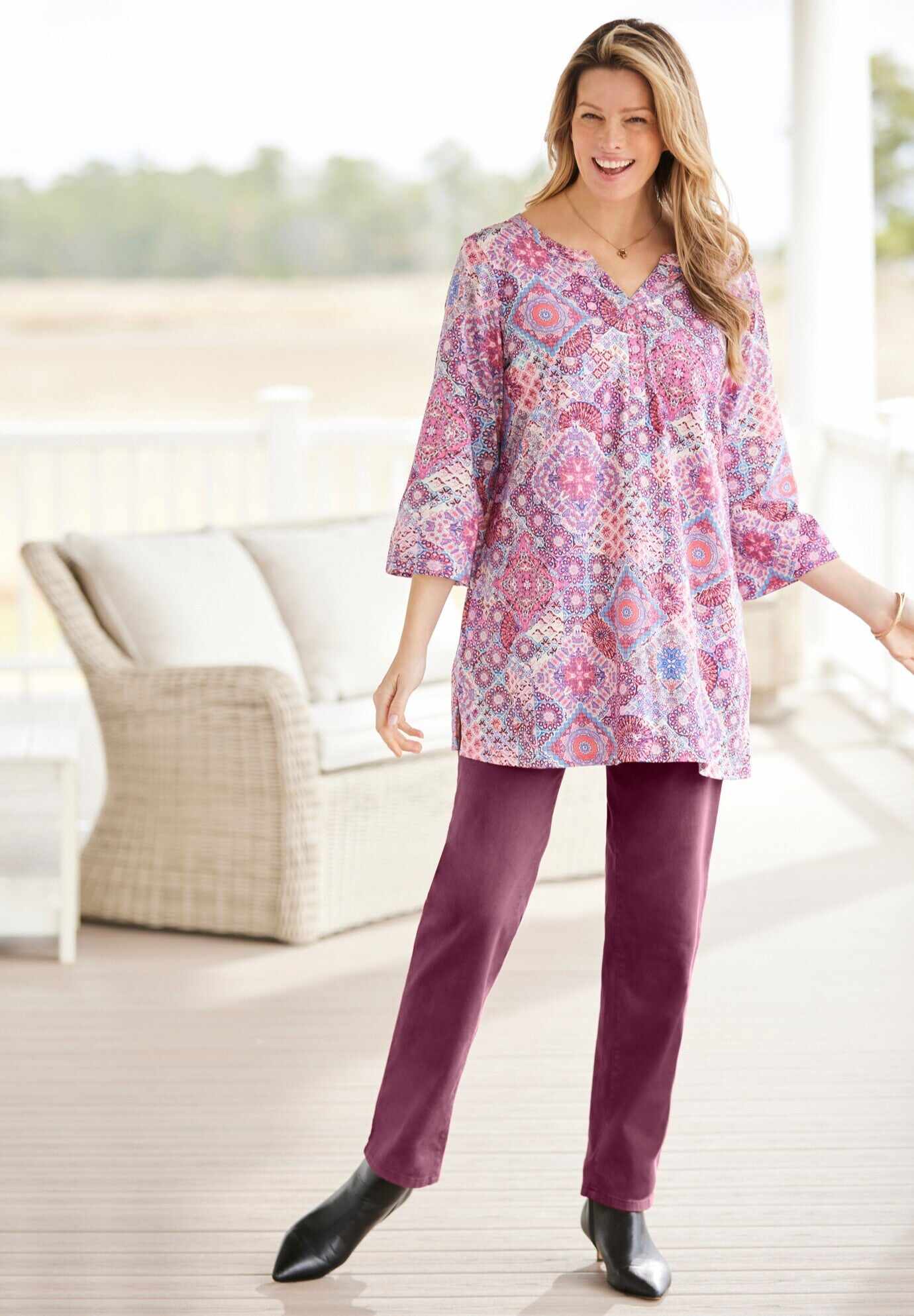 Henley Three-Quarter Sleeve Knit Tunic