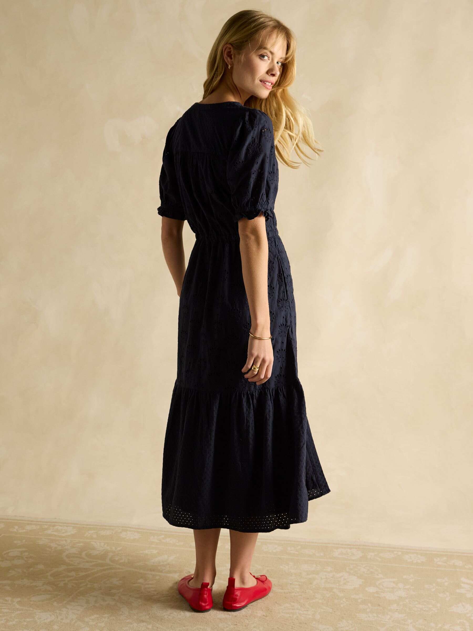 Juliana 100% Cotton Navy Blue Broderie Midi Dress