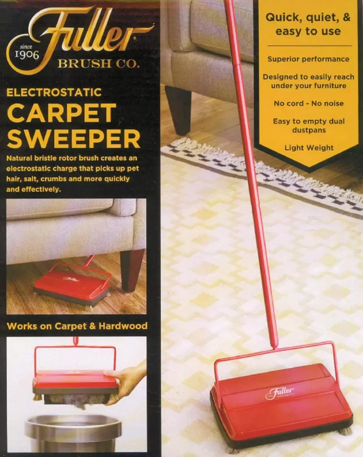 Fuller Brush 17027 Carpet & Floor Sweeper- Mini Stick Cleaner For Hardwood Surfaces, Wood Floors, Laminate, Tile- Small & Portable For The Home Or Office - Cleans Dust Pet Hair- Electrostatic & Silent