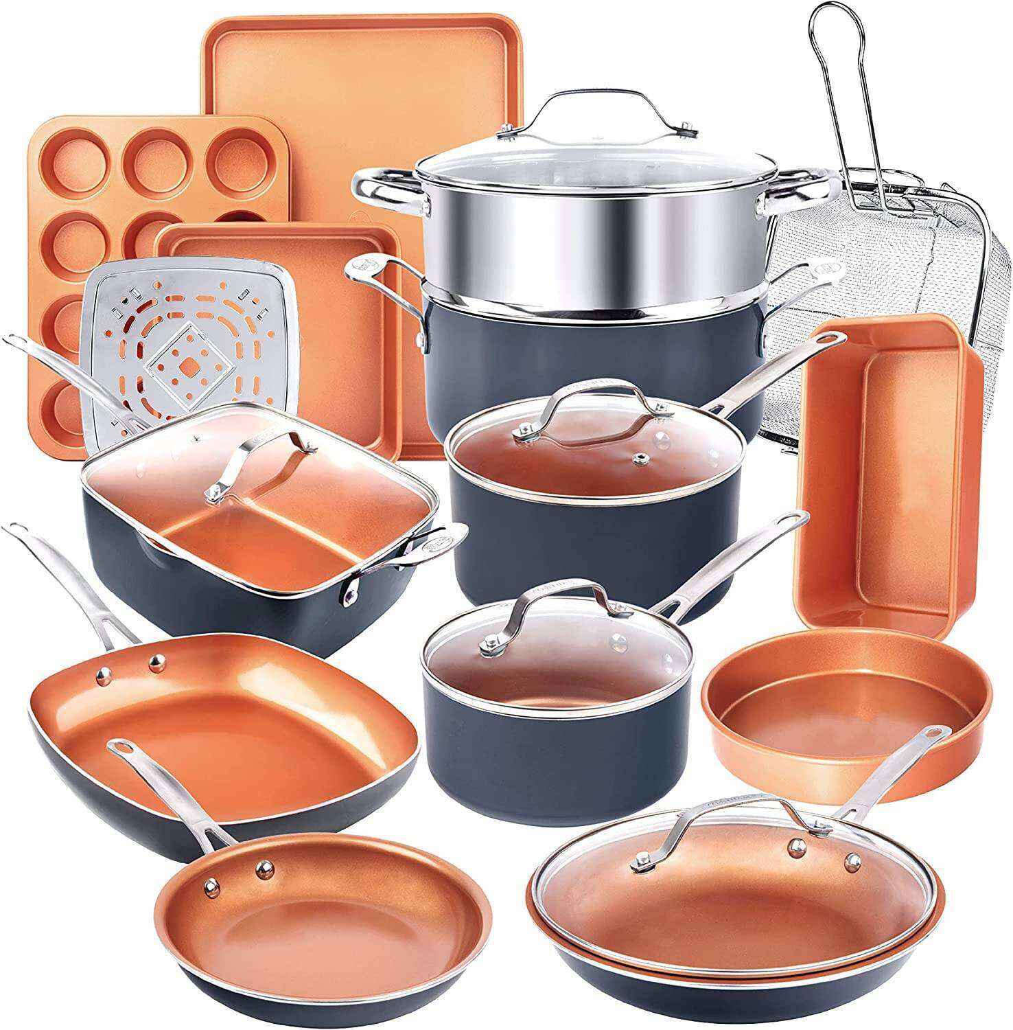 Steel Pots and Pans Set, 20 Pc Non Stick Cookware Set, Long Lasting Nonstick Kitchen Set with Pan Set, Pot Set, Baking Set, Stay Cool Handles, Dishwasher Safe, 100% Toxin Free-Copper