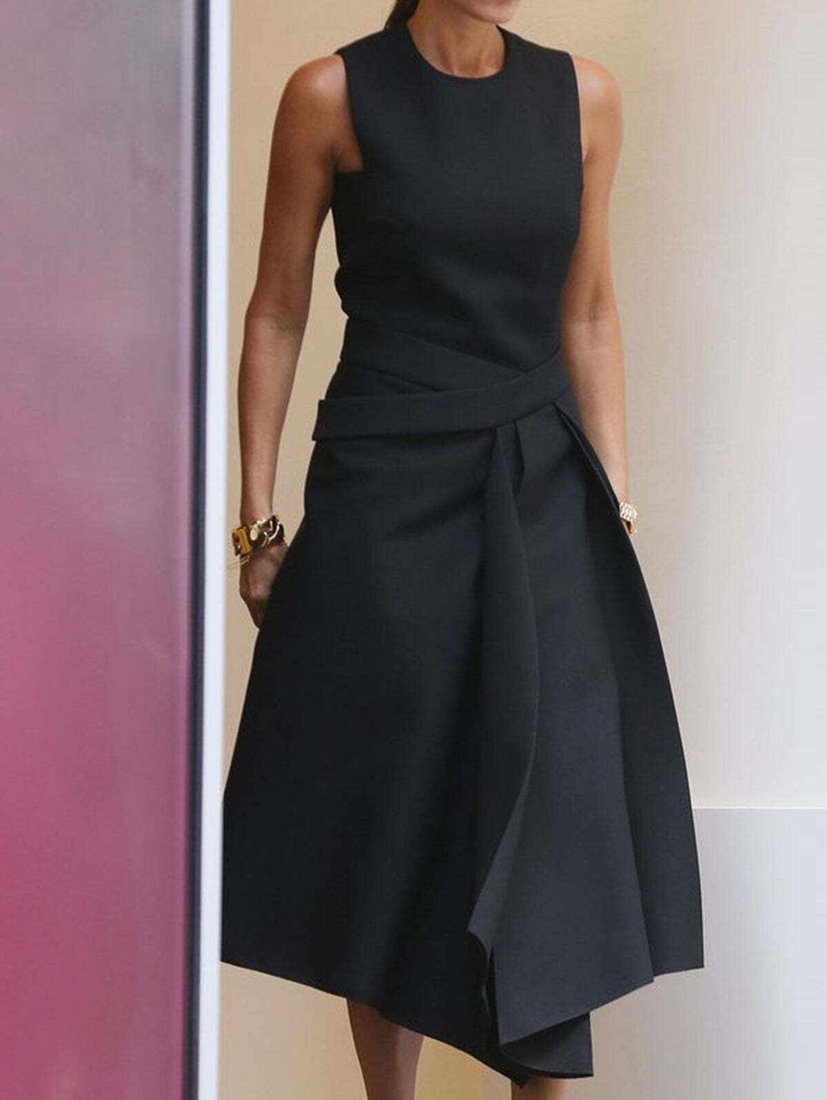 Elegant Plain Crew Neck A Line Asymmetrical Midi Tank Dress