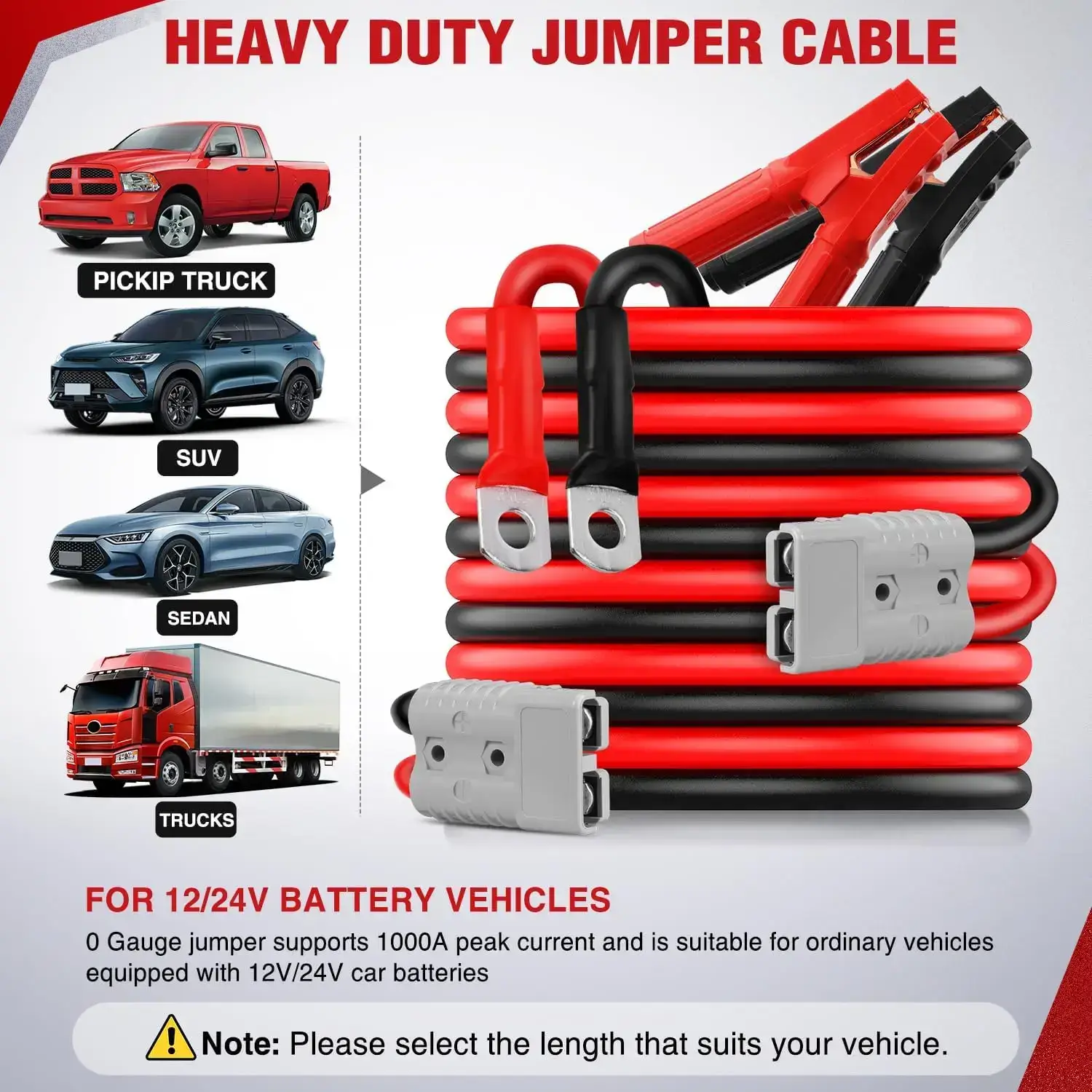 0 Gauge 25 Feet Heavy Duty Jumper Cables 1000 Amp Booster Battery Cables with Permanent Installation kit and Quick Connect Plug Includes carrying bag for 12V & 24V Cars SUVs and Trucks