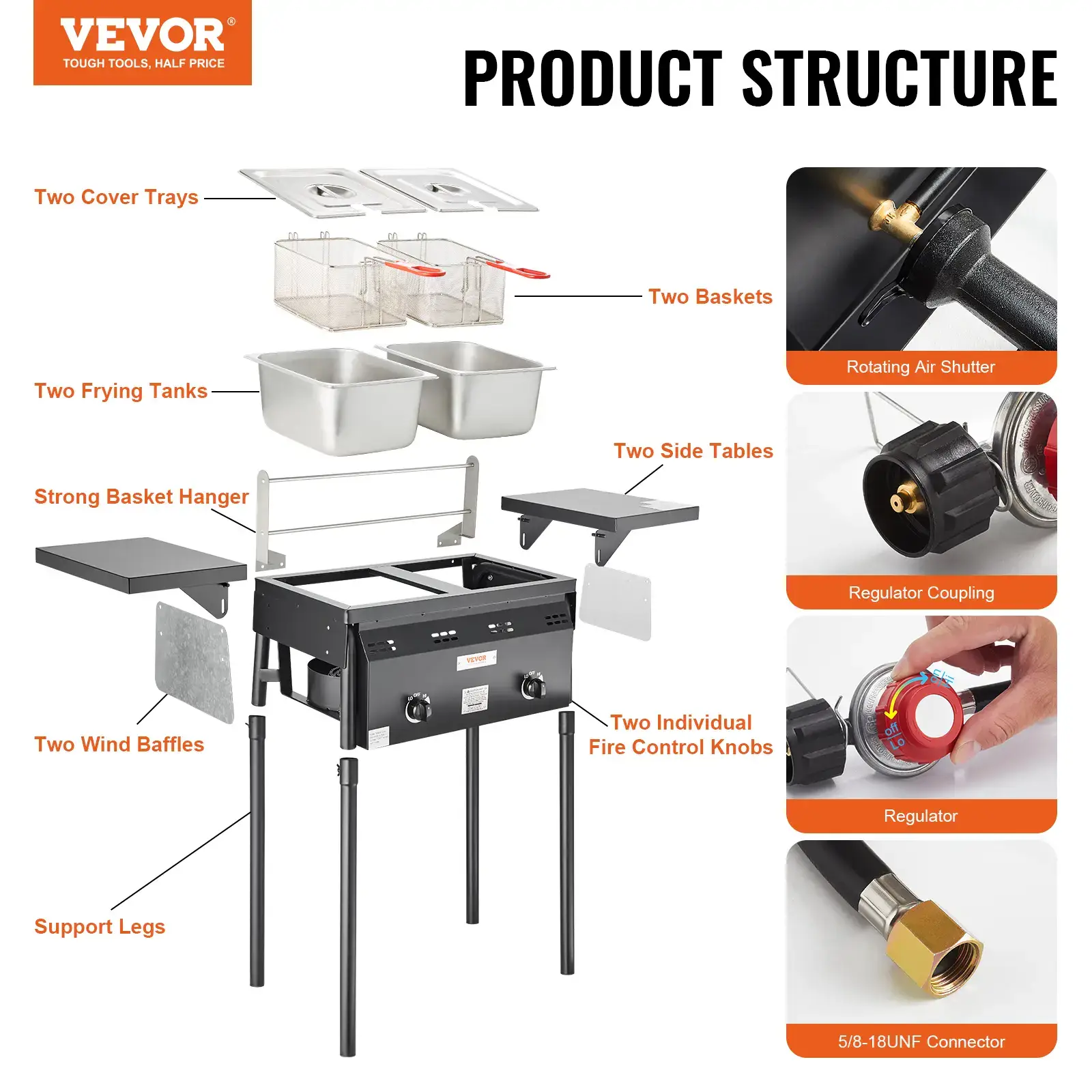 Outdoor Propane Deep Fryer,  Double Burners Commercial Fryer, 16 Qt Stainless Steel Cooker with Removable Baskets & Lids & Tanks, Oil Fryer Cart with Thermometer & Regulator, For Outdoor Cooking