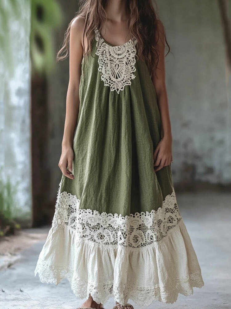 Vintage Vintage Embroidered Lace Patchwork Art Maxi Dress