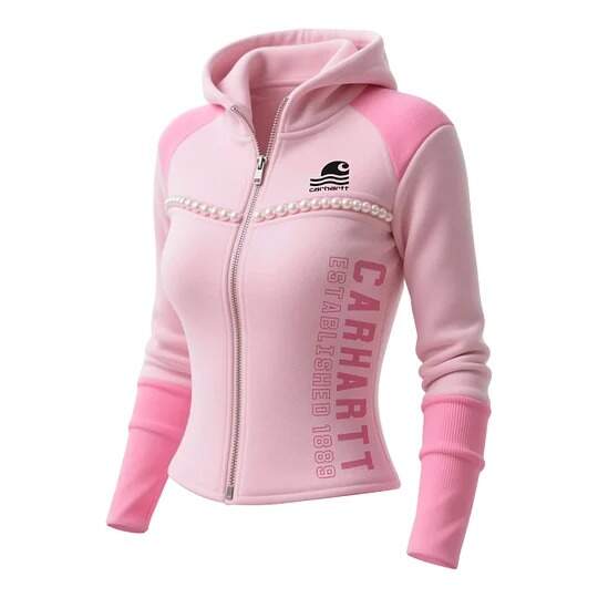Pink Fleece Women's Hoodie & Sweatpants Set with Pearl Trim and Full Zip Design