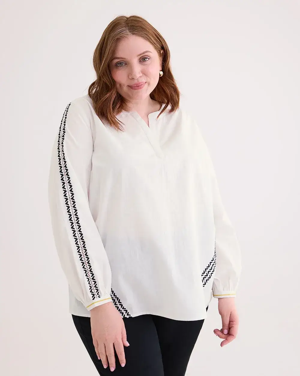 Long-Sleeve Split-Neck Blouse with Embroidery Detail